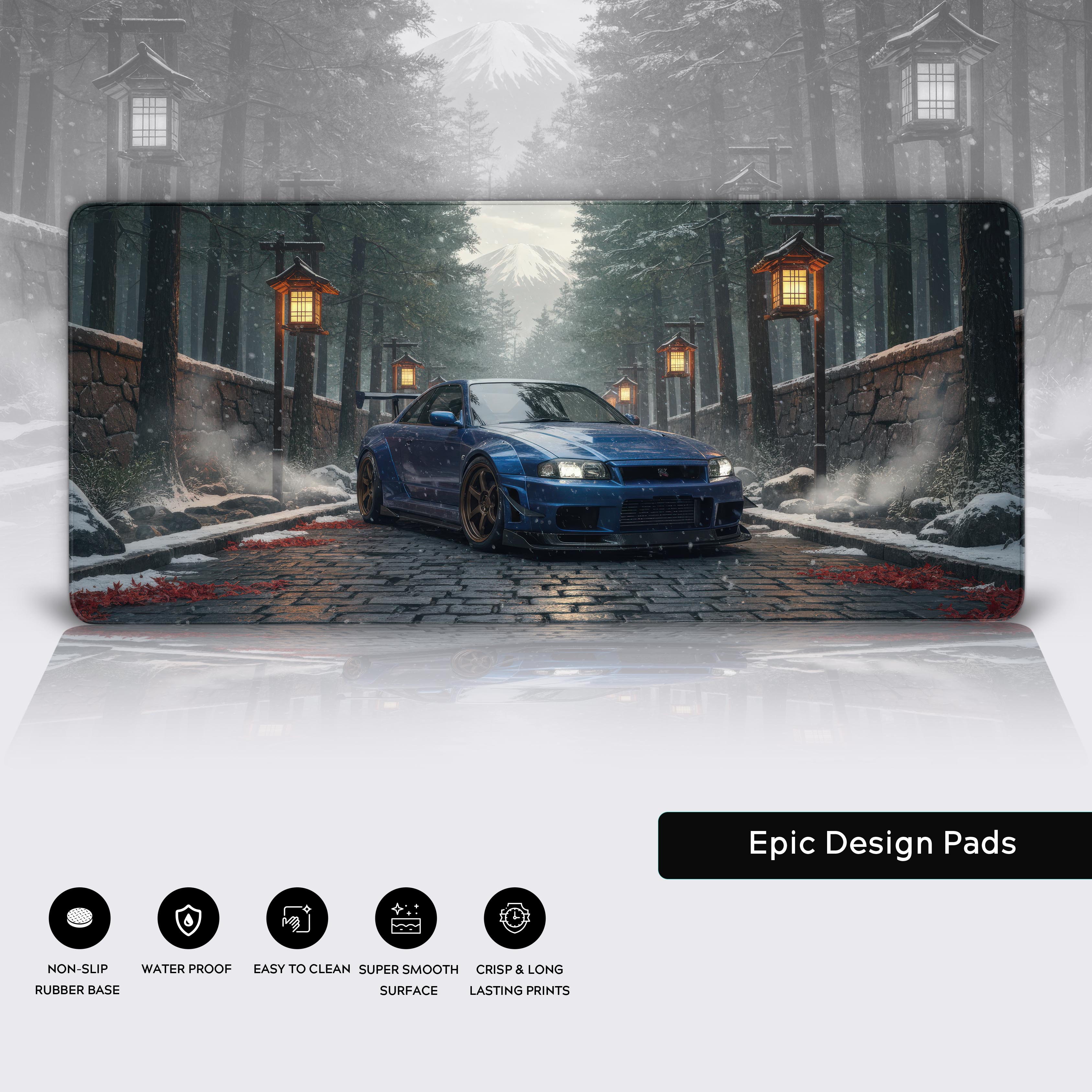 JDM Legend desk mat showcasing its high-quality stitched edges, water-resistant surface, and non-slip rubber base. - Epic Design Pads