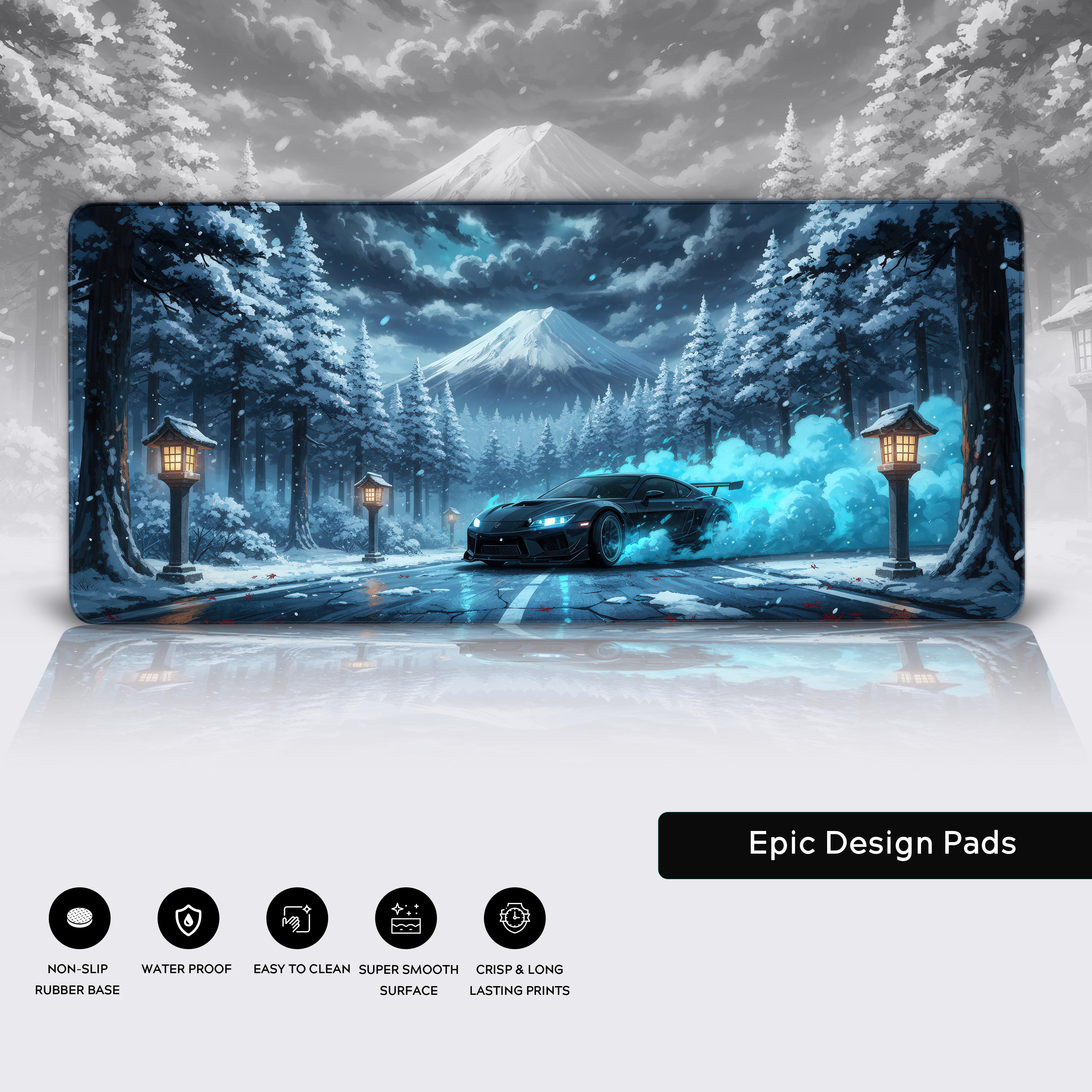 Fuji Burn drifting car desk mat close-up showcasing the durable stitched edges and non-slip rubber base for gaming. - Epic Design Pads