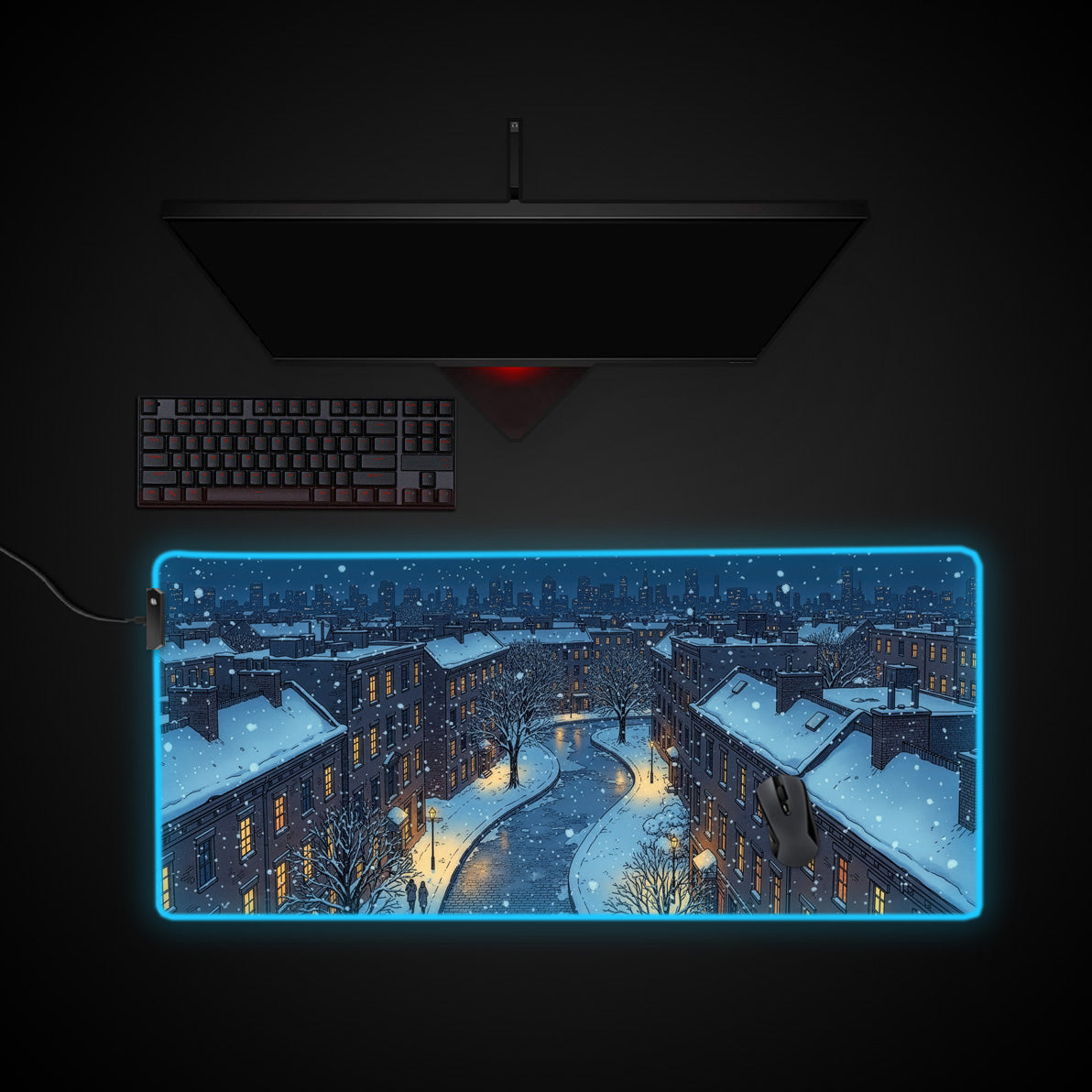 Winter Cityscape desk mat with RGB edge lighting
