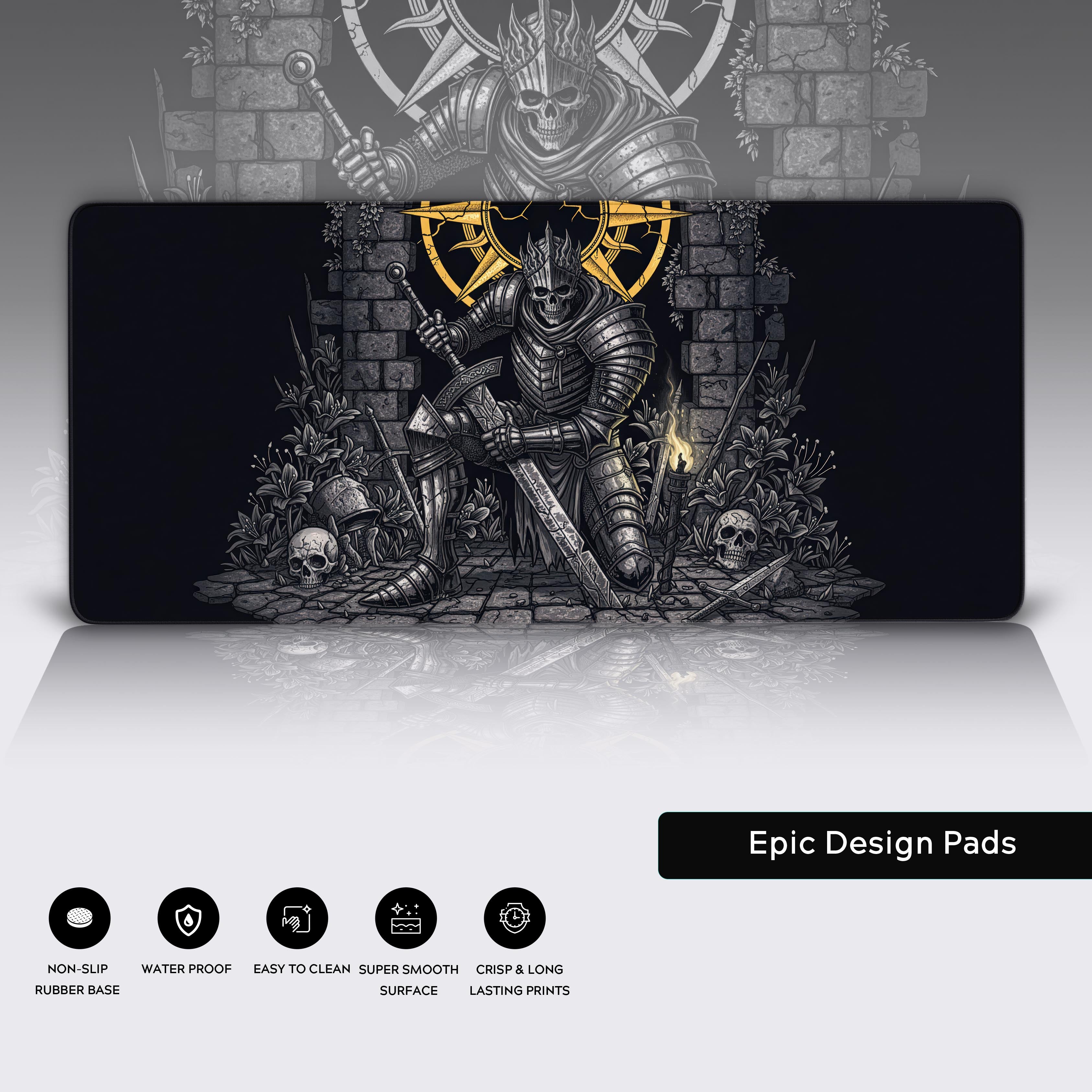 Close-up of the Undead Monarch gaming mouse pad, highlighting the durable stitched edges, smooth cloth surface, and non-slip rubber base. - Epic Design Pads