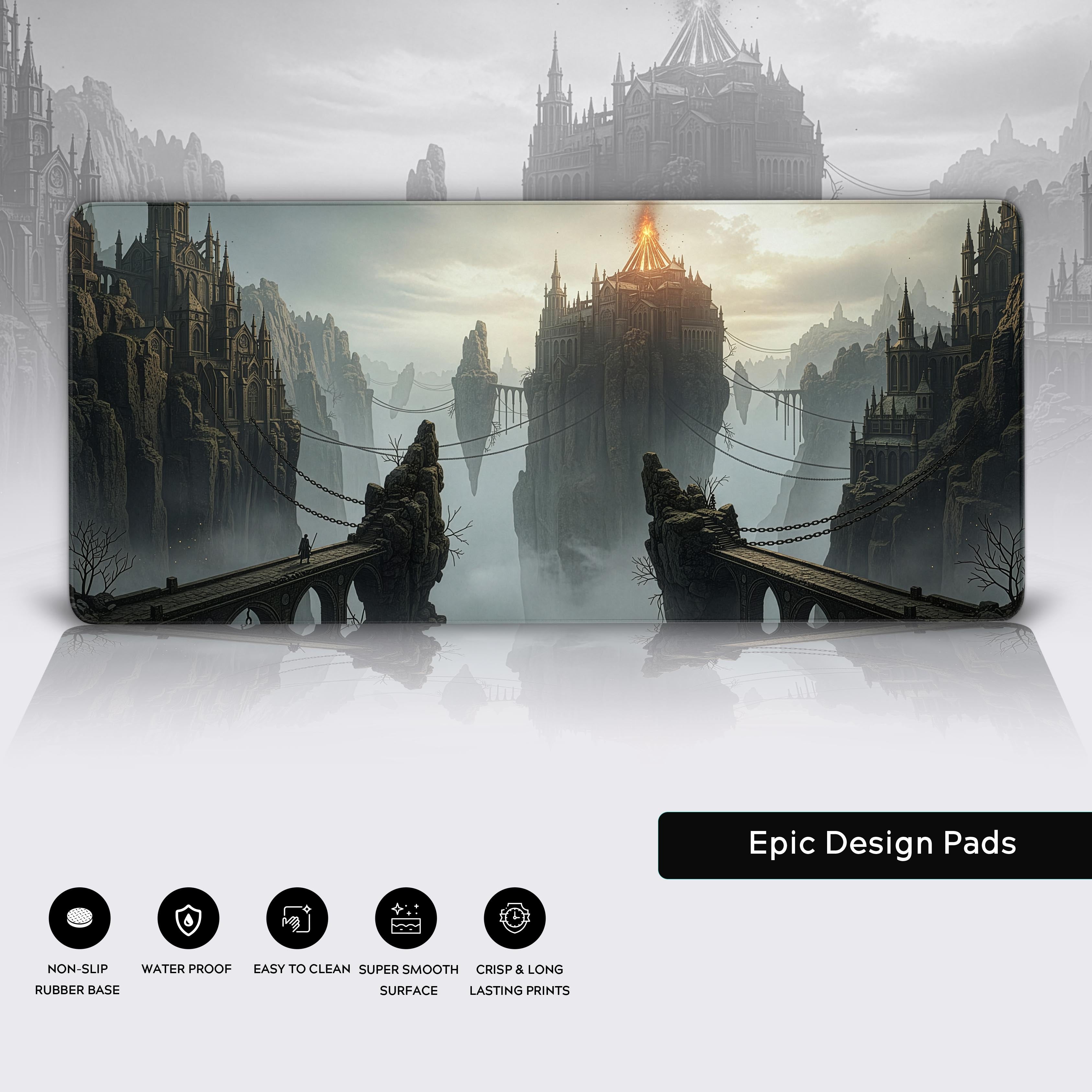 Close-up of the Ashen Bridges dark fantasy desk mat highlighting the high-quality stitched edges and the non-slip rubber base for stability. - Epic Design Pads