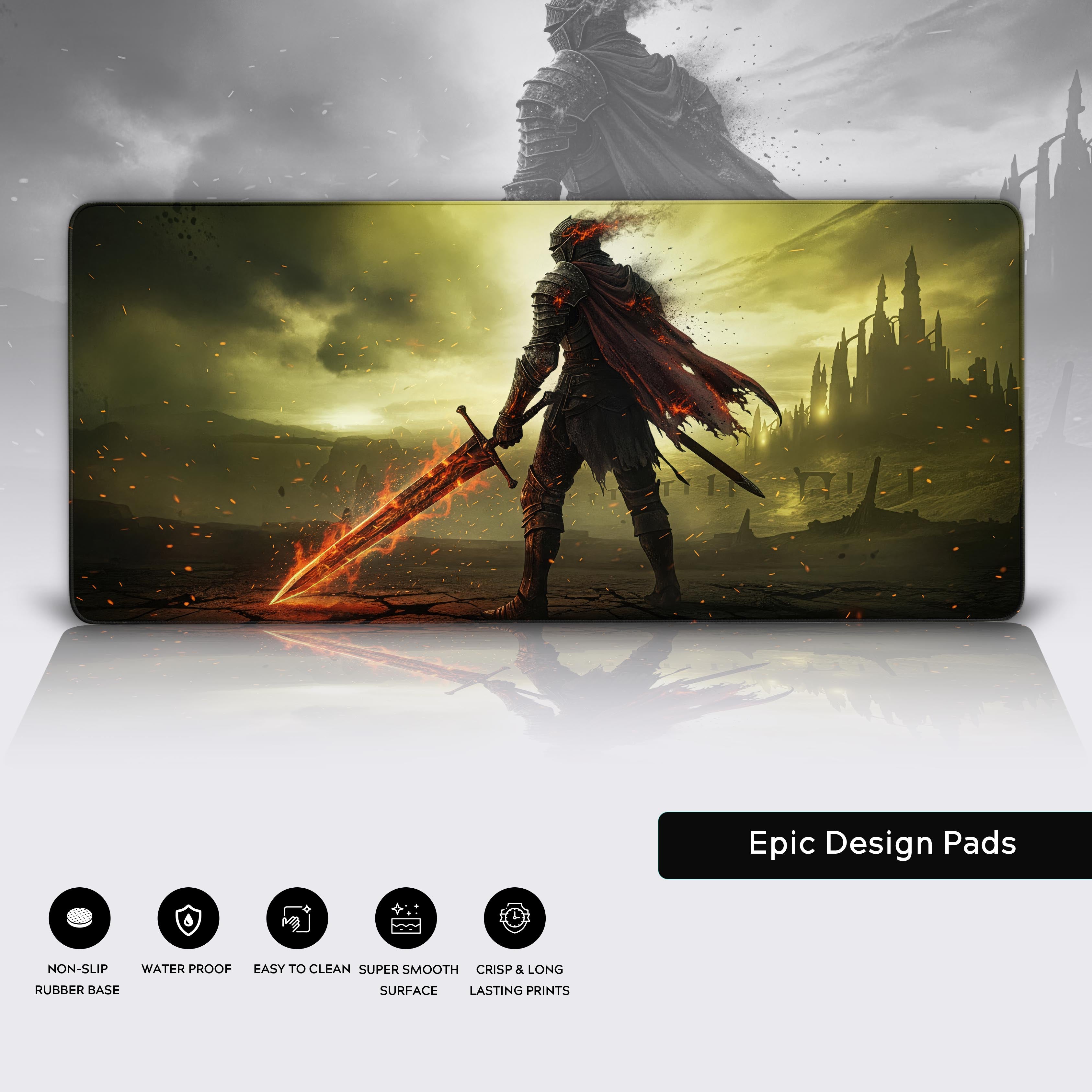 Soulflame Blade dark fantasy desk mat showcasing its premium stitched edges, smooth cloth surface, and non-slip rubber base. - Epic Design Pads