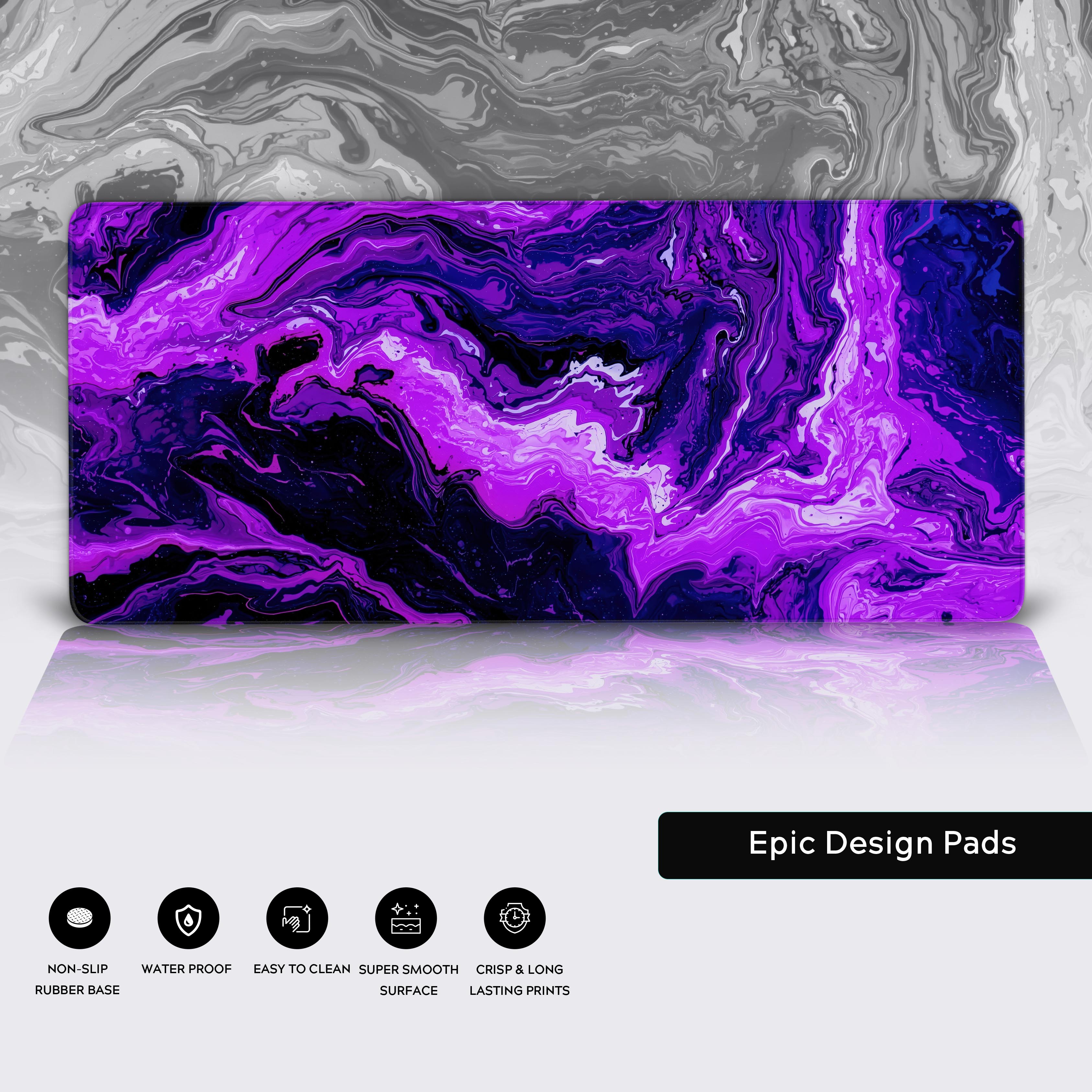 Close-up of the Amethyst Liquid desk mat showcasing its durable stitched edges and the texture of the non-slip rubber base. - Epic Design Pads