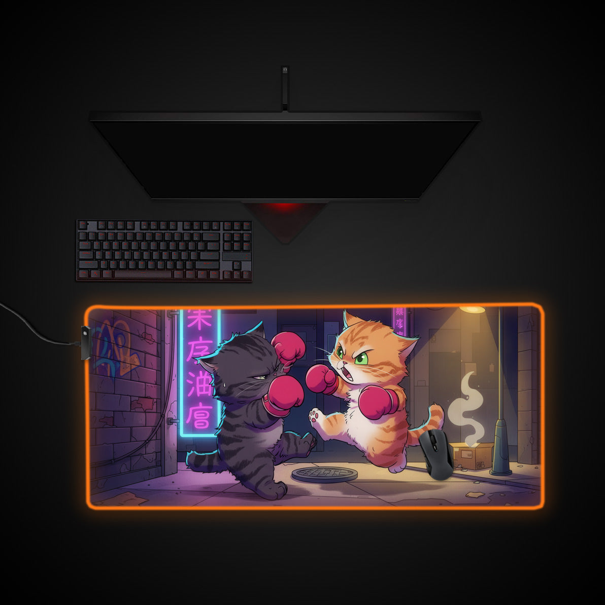 Feline Fisticuffs desk mat with RGB edge lighting