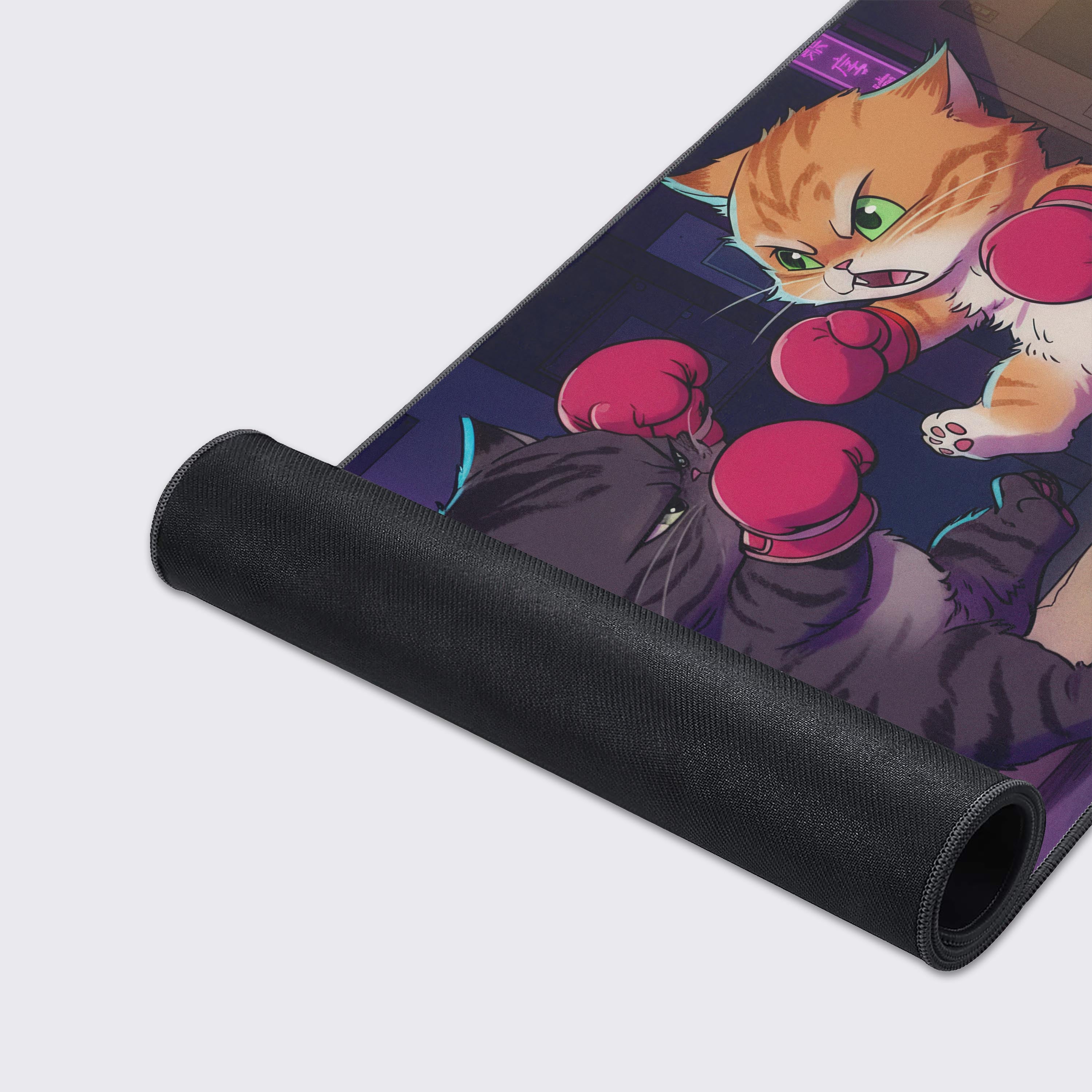 Feline Fisticuffs desk mat featuring two cartoon kittens boxing with pink gloves in a neon urban setting - Epic Design Pads & Mousepads