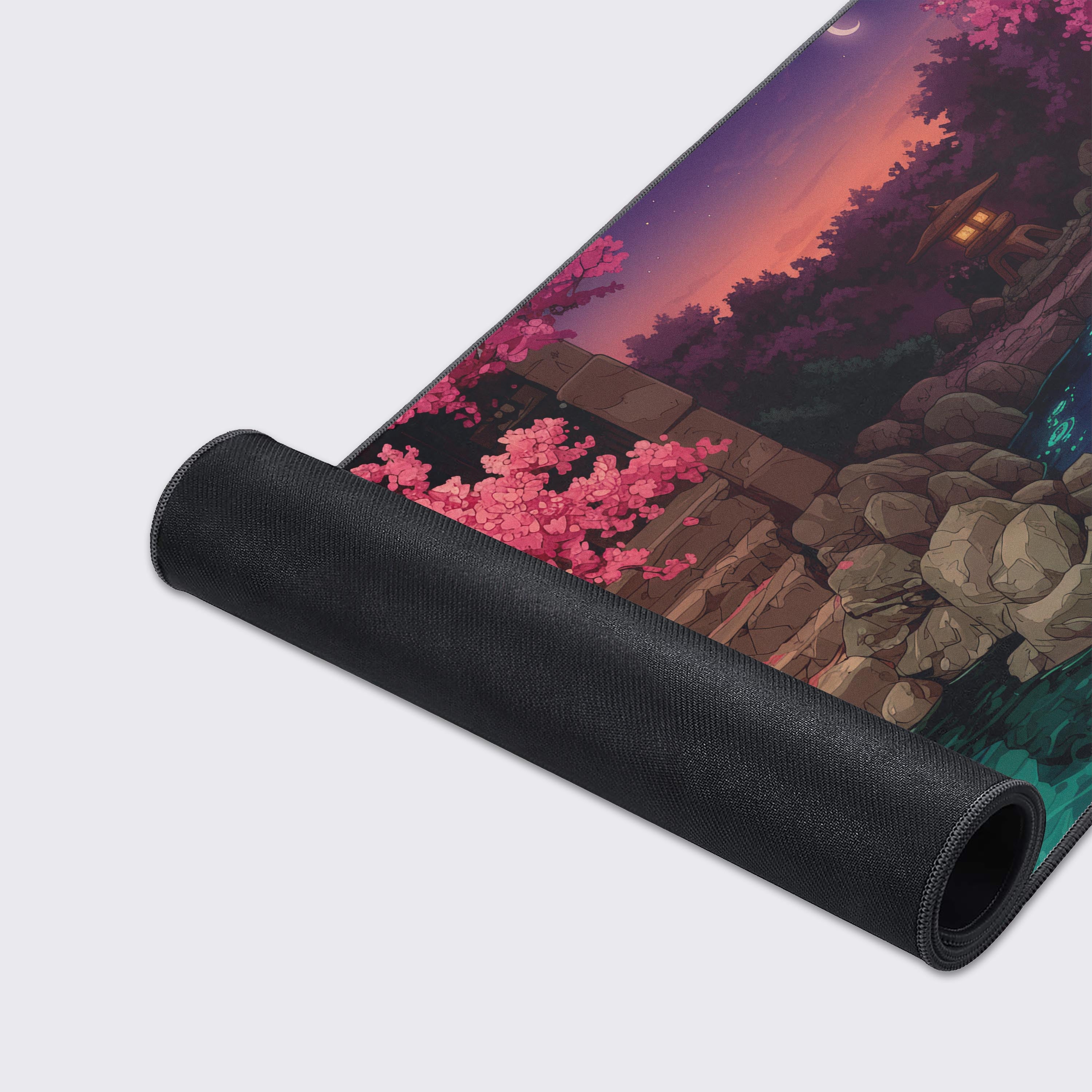 Japanese koi garden playmat featuring cherry blossoms, glowing lanterns, and a serene twilight pond scene - Epic Design Pads & Mousepads