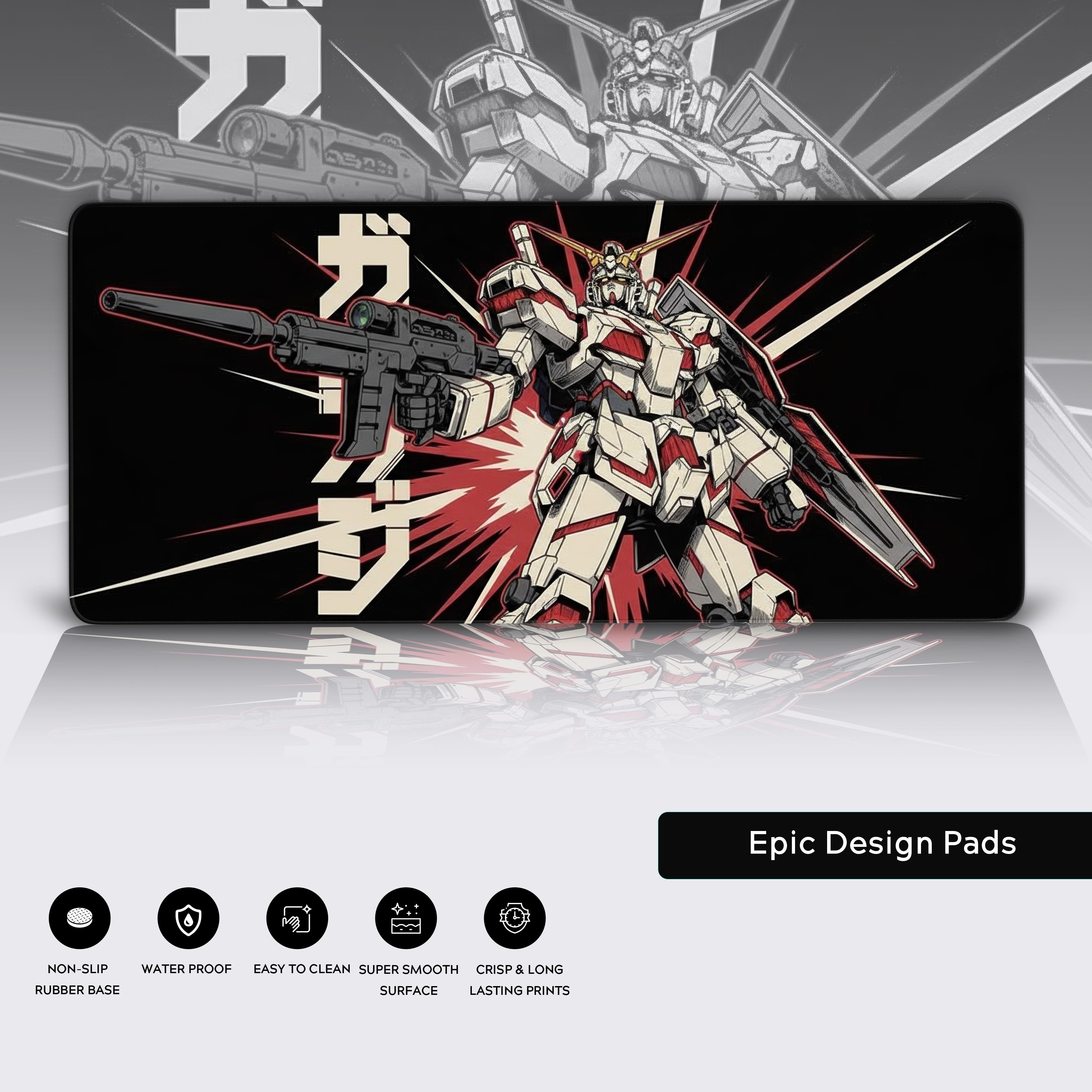 RX-0 Unicorn Gundam desk mat featuring dynamic Destroy Mode artwork with white and red armor on a black background - Epic Design Pads & Mousepads