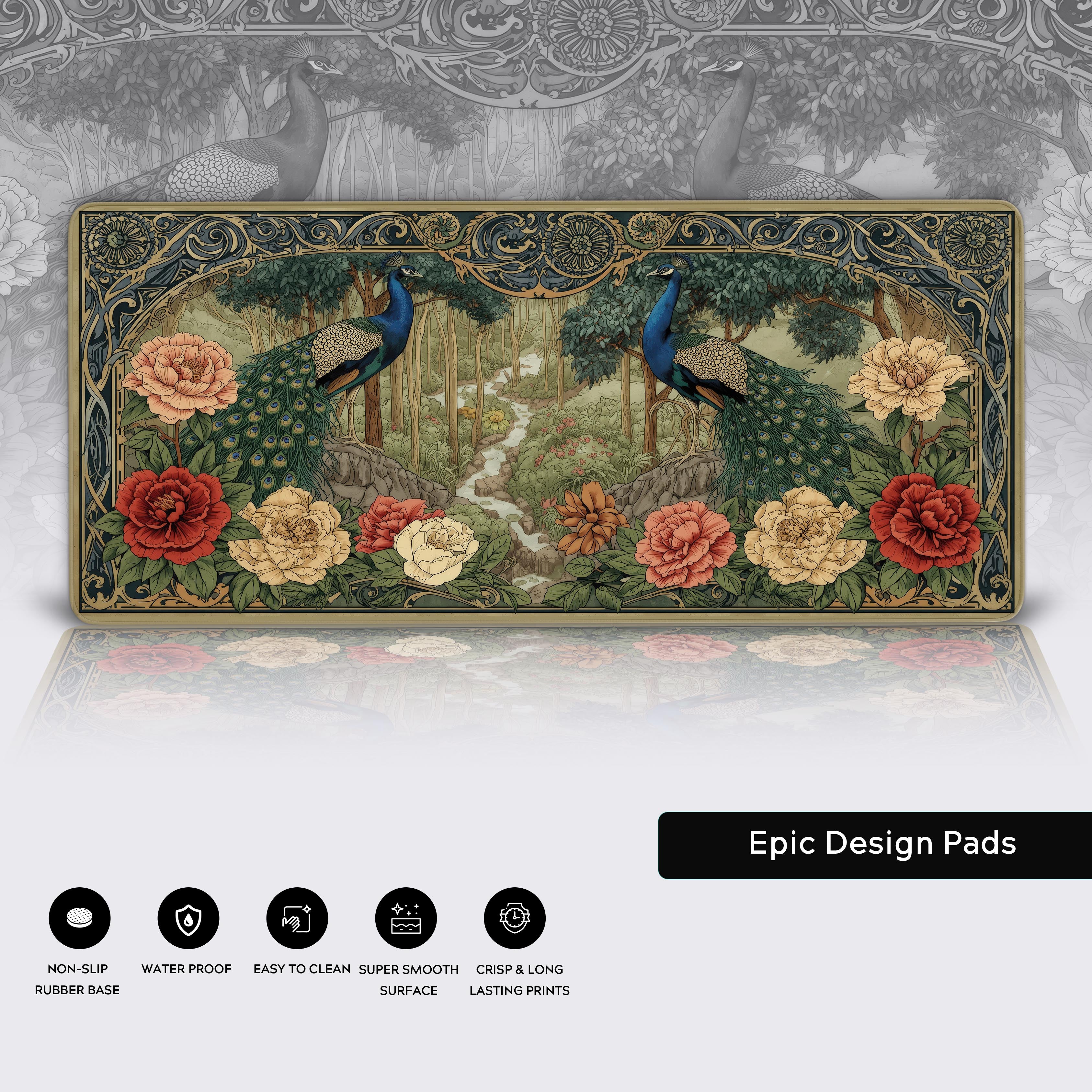 Art Nouveau gaming desk mat featuring two vibrant peacocks in a lush floral garden with ornate border design - Epic Design Pads & Mousepads