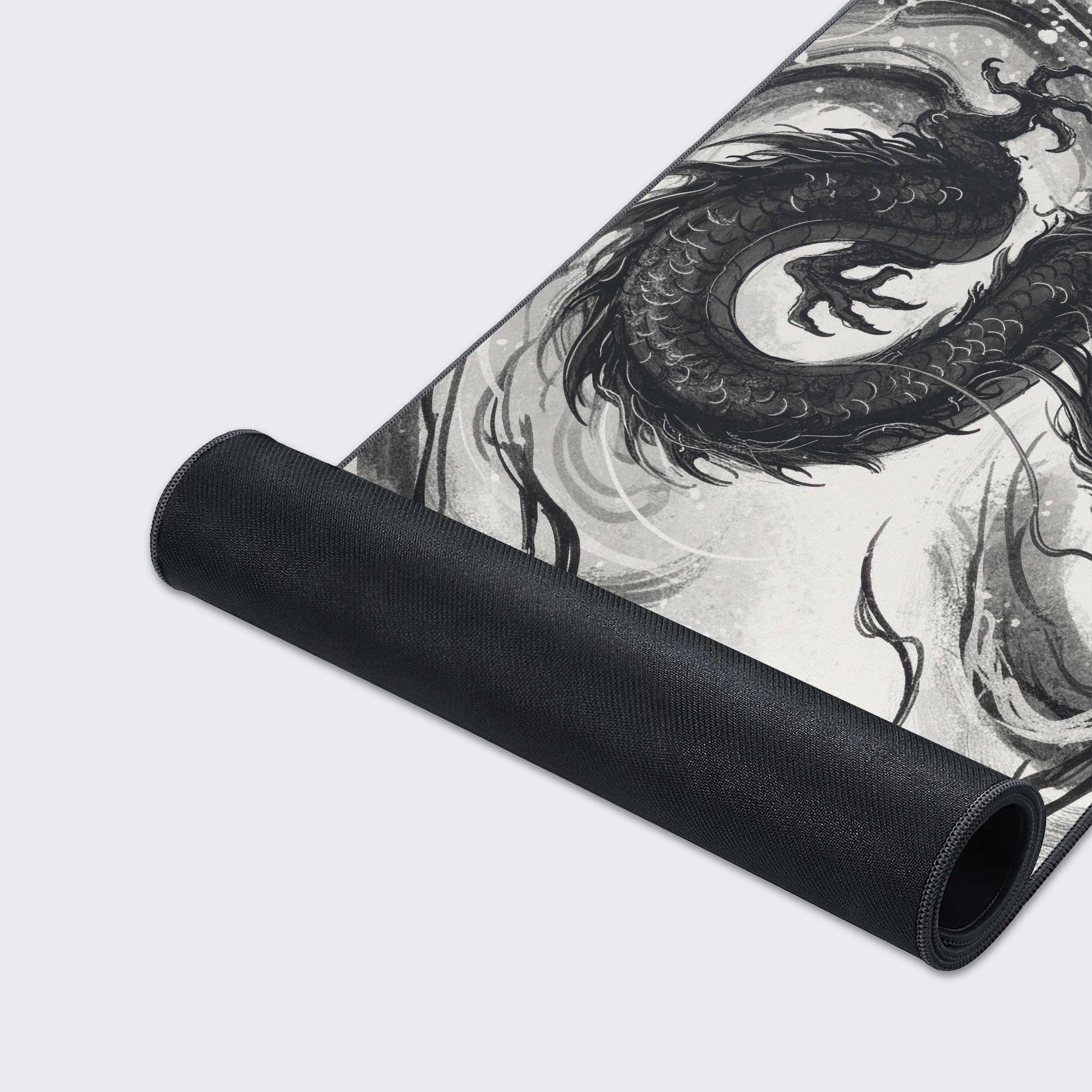 Ink-wash style black dragon playmat with calligraphic brushstrokes and minimalist white background - Epic Design Pads & Mousepads