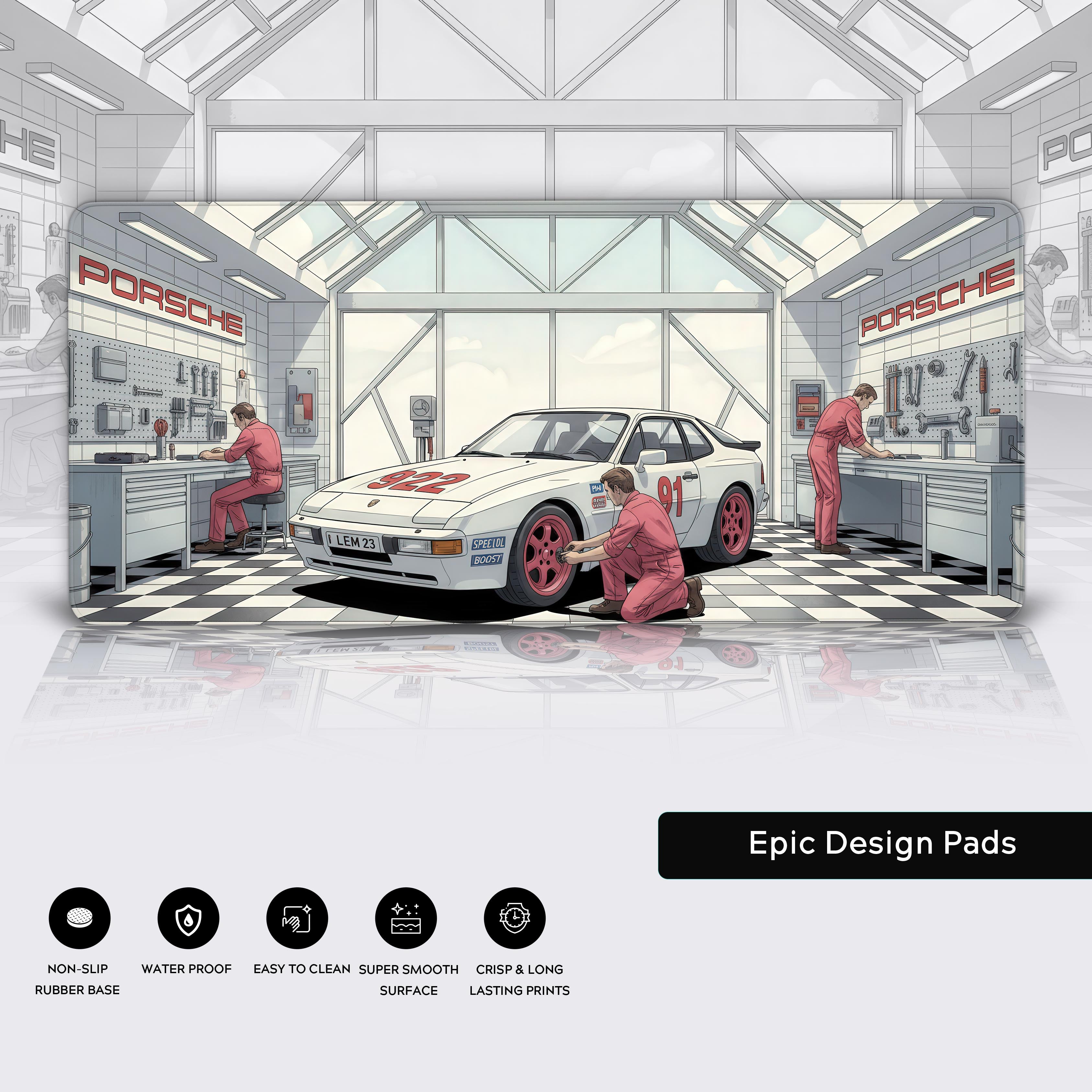 porsche garage desk mat featuring white 944 race car and mechanics in workshop setting - Epic Design Pads & Mousepads