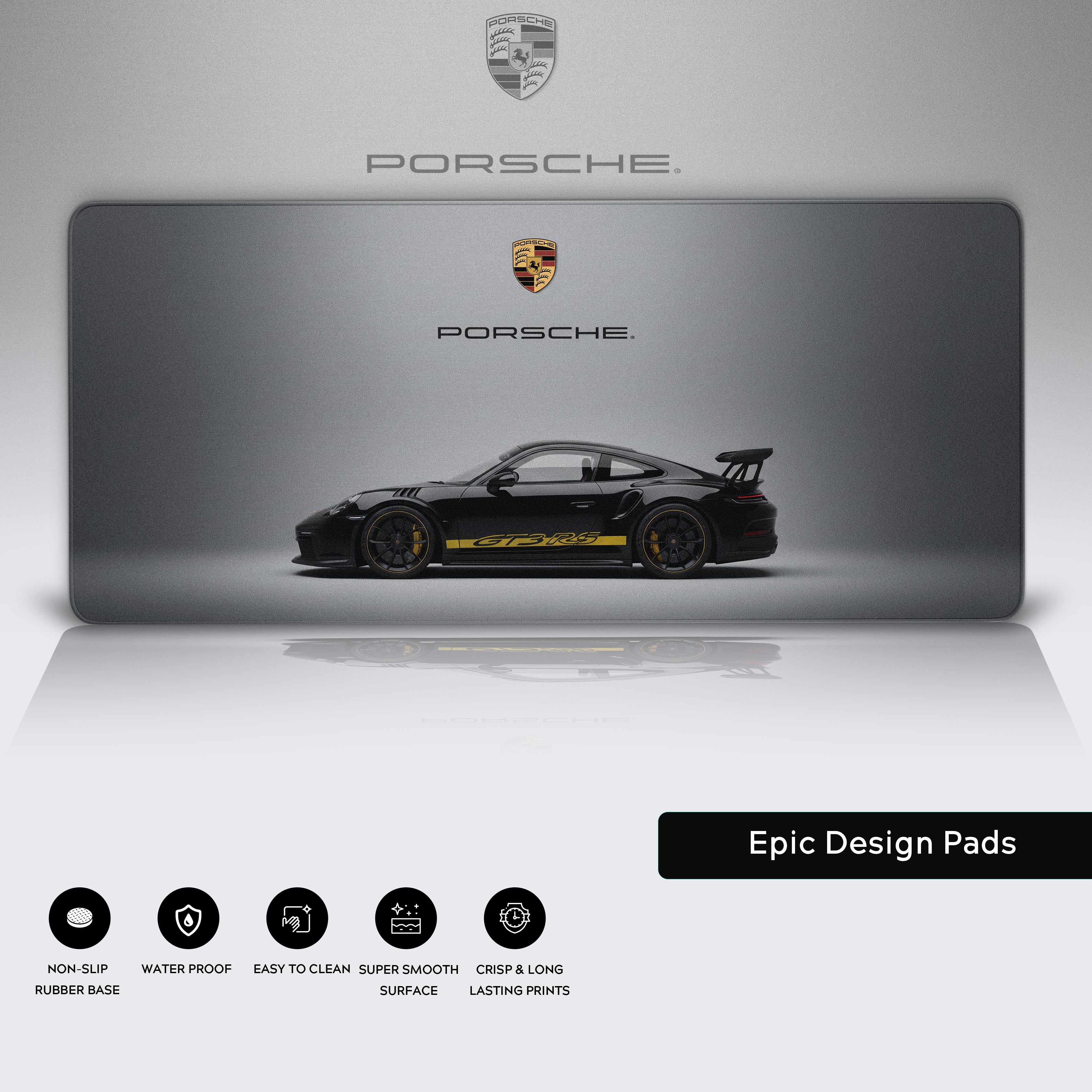 minimalist porsche 911 gt3 rs desk mat with black silhouette and yellow decal on gradient grey background - Epic Design Pads & Mousepads