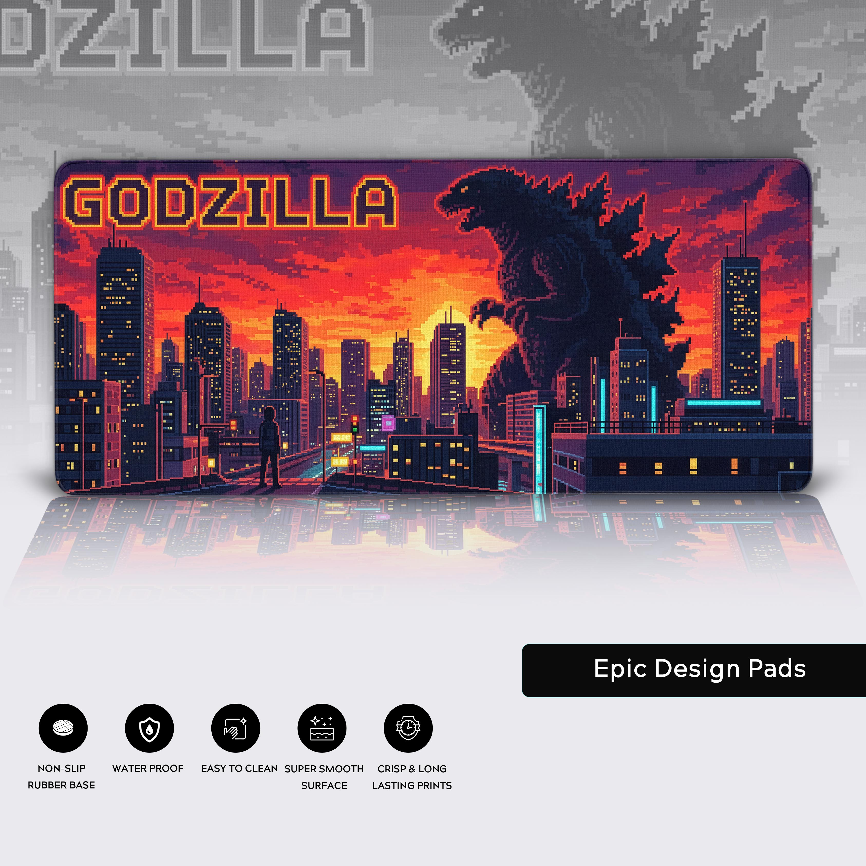 Pixel Godzilla desk mat with retro cityscape and sunset background in 8-bit arcade style - Epic Design Pads & Mousepads