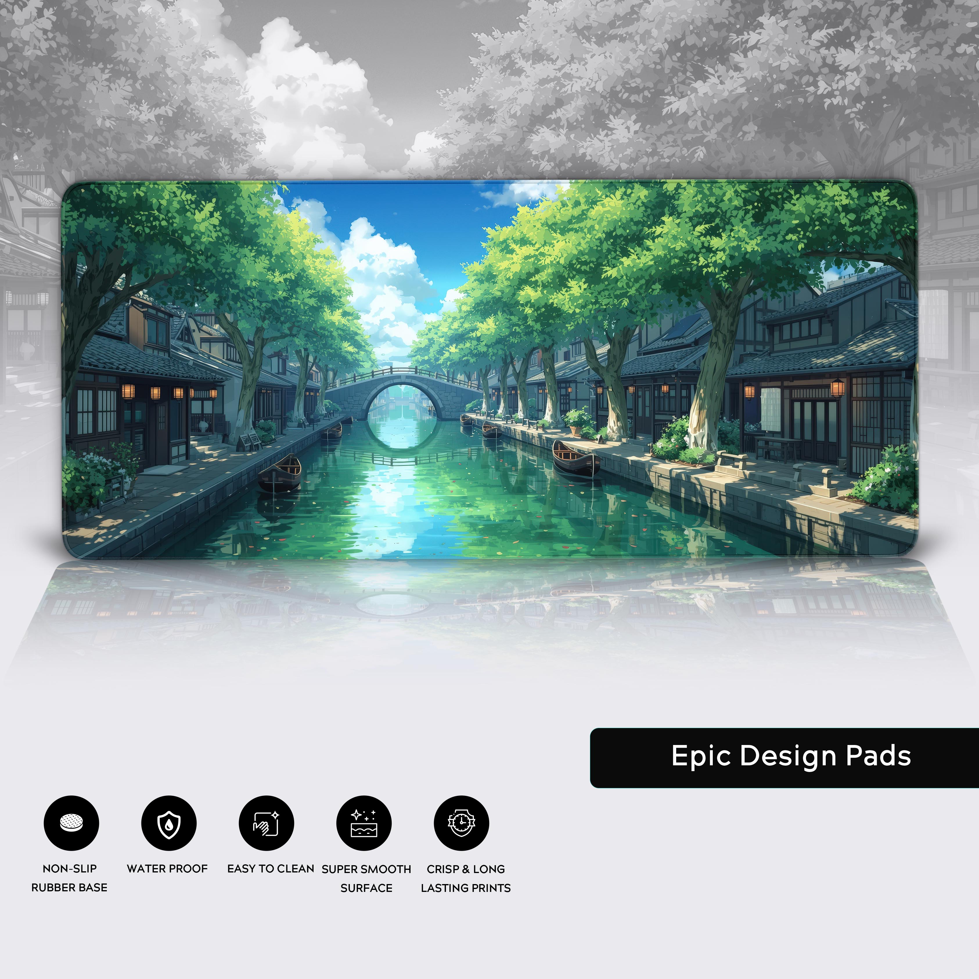 Close-up of the Riverside Village desk mat highlighting the durable stitched edges, non-slip base, and water-resistant surface.