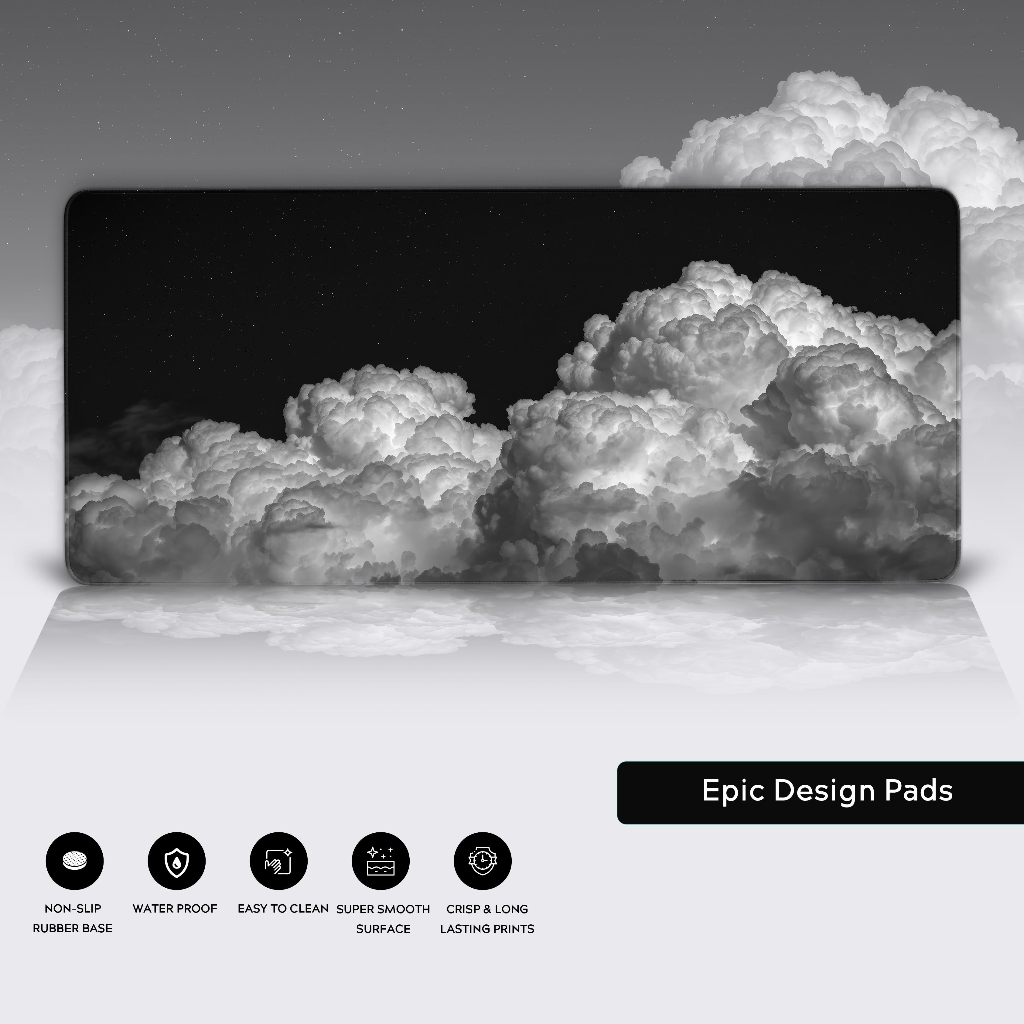 Close-up of the Night Bloom desk mat showing its durable stitched edges, smooth water-resistant surface, and non-slip rubber base. - Epic Design Pads & Mousepads