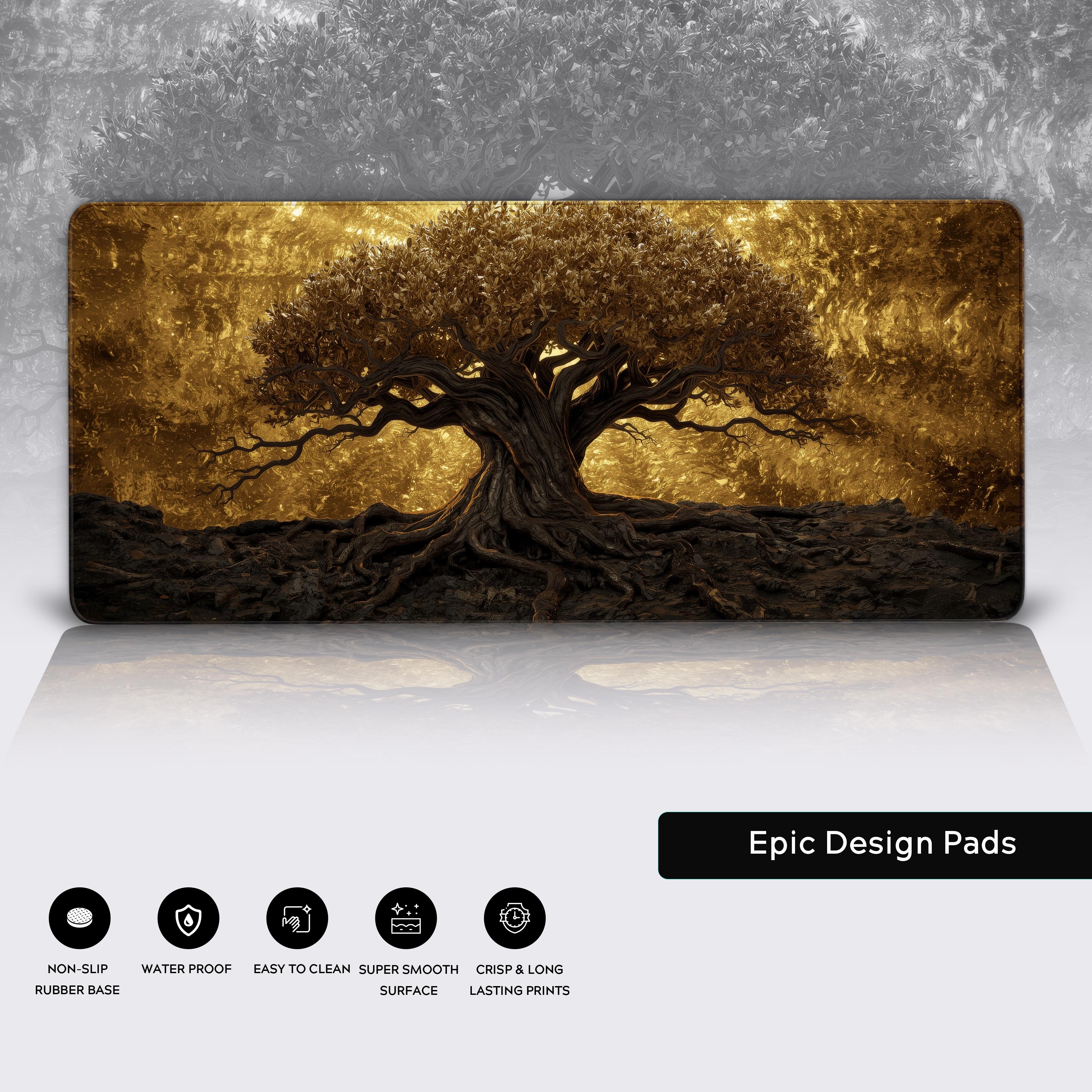 Close-up of the Sacred Grove desk mat highlighting the detailed artwork, durable stitched edges, and smooth, water-resistant fabric surface. - Epic Design Pads & Mousepads