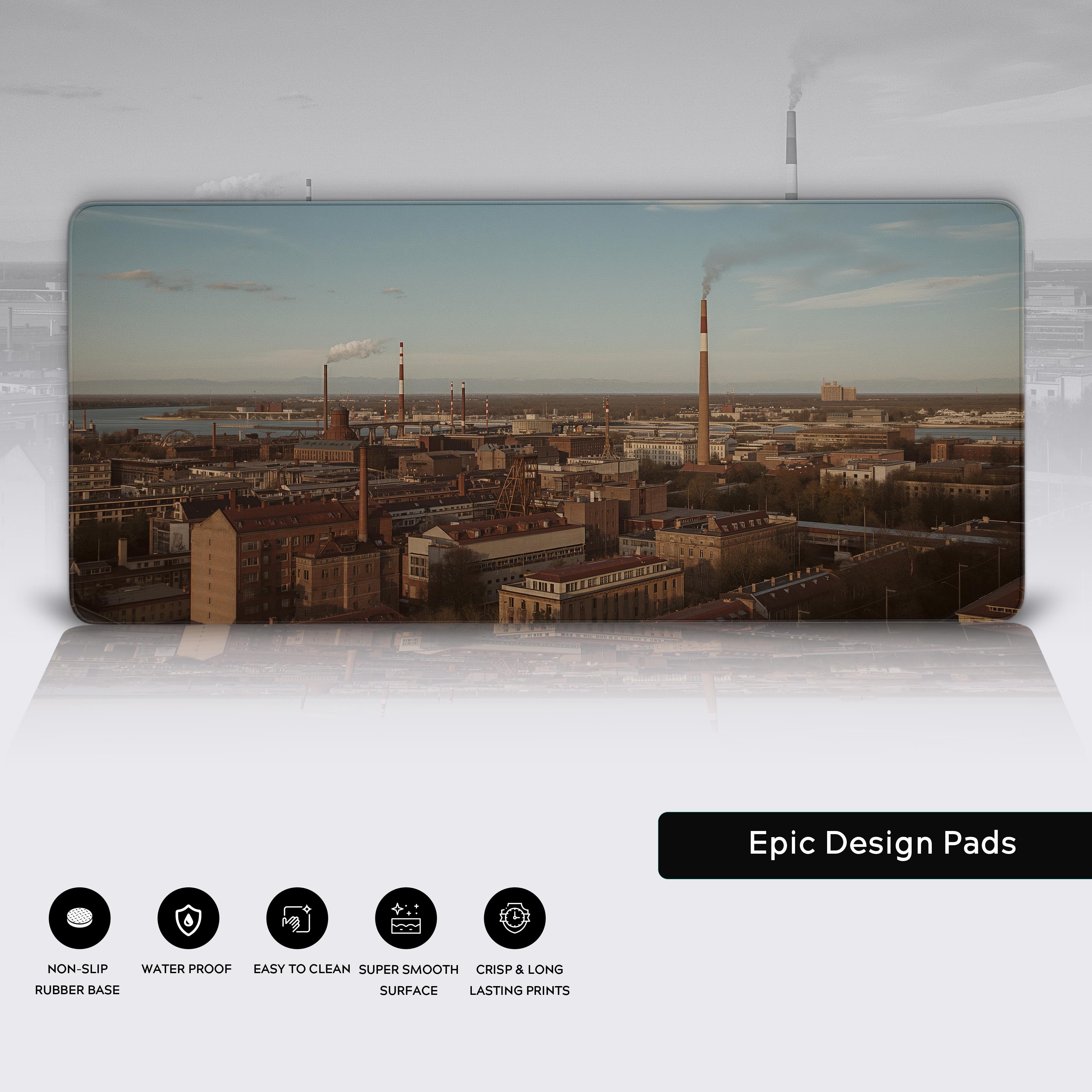Close-up of the City's Breath historical desk mat – showcasing the durable stitched edges and the textured non-slip rubber base. - Epic Design Pads & Mousepads