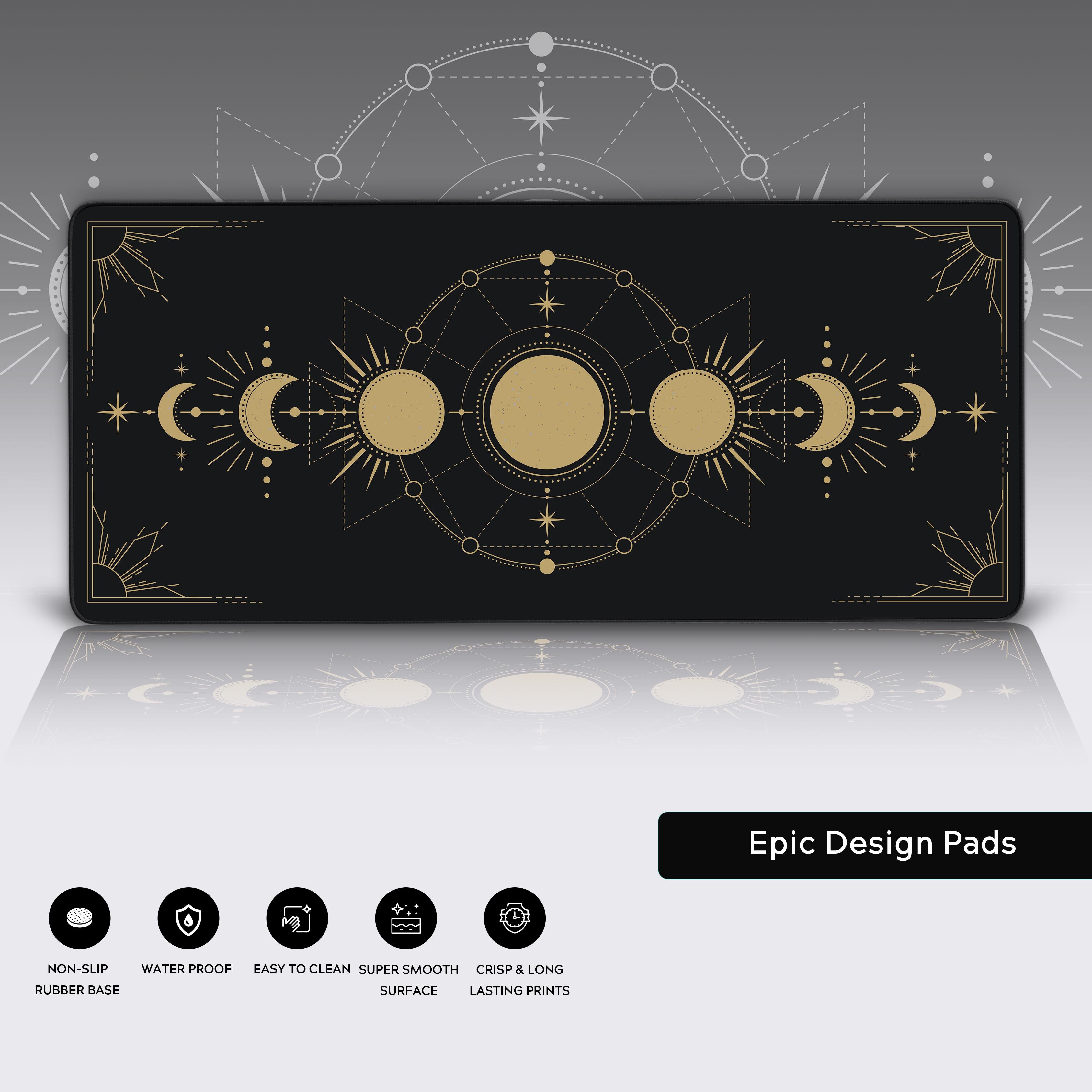 Close-up of the Celestial Desk Mat highlighting the detailed gold astrology print, durable stitched edges, and the non-slip rubber base. - Epic Design Pads & Mousepads