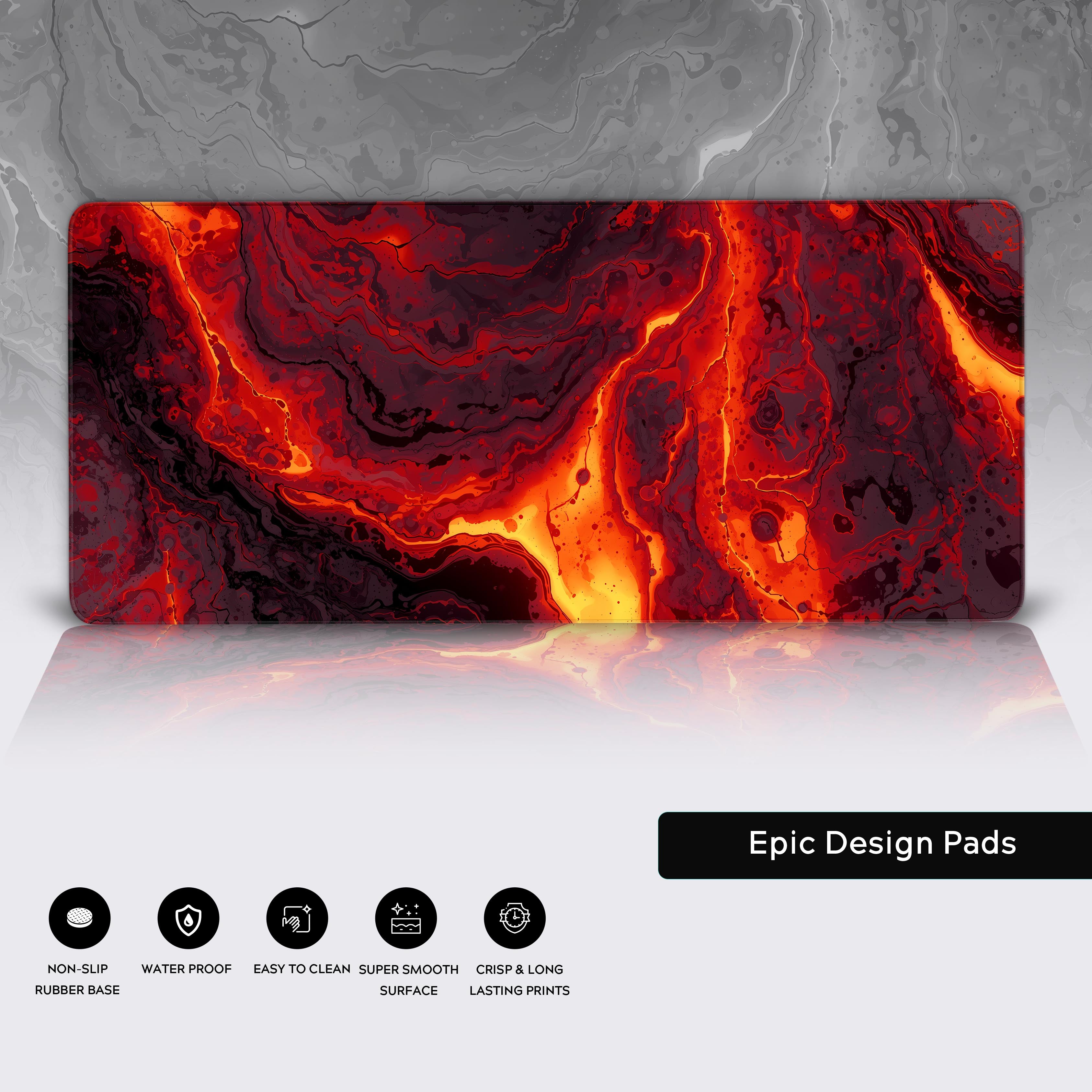 Close-up of the Molten Heart lava desk mat showing the detailed fiery art, durable stitched edges, and non-slip rubber base. - Epic Design Pads & Mousepads