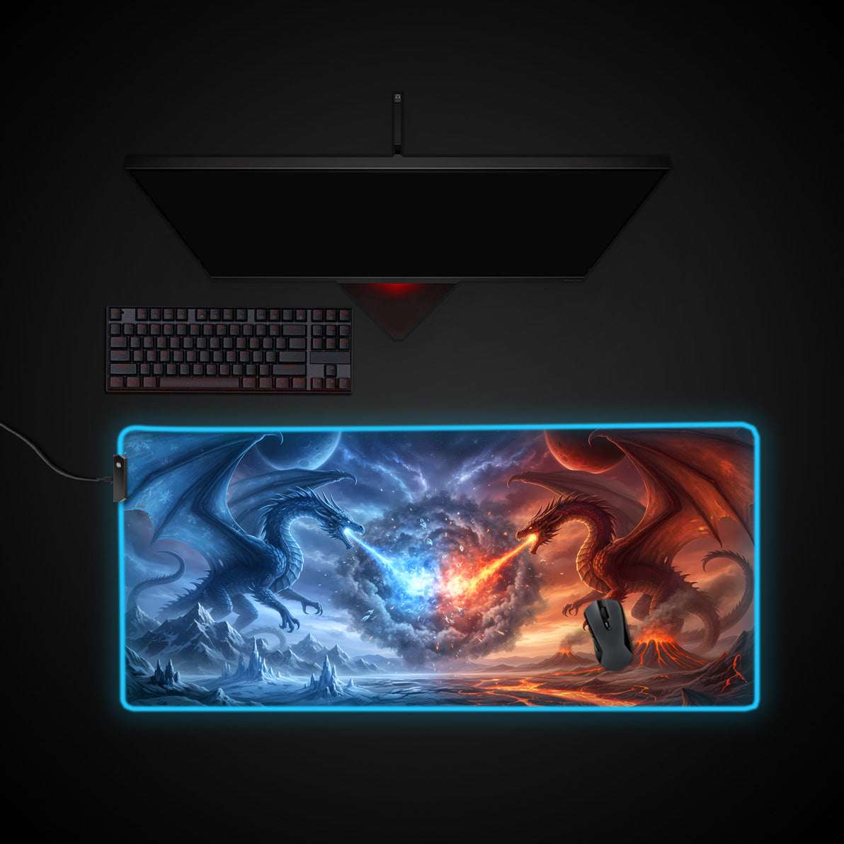 Fire & Ice Dragon Desk Pad desk mat with RGB edge lighting