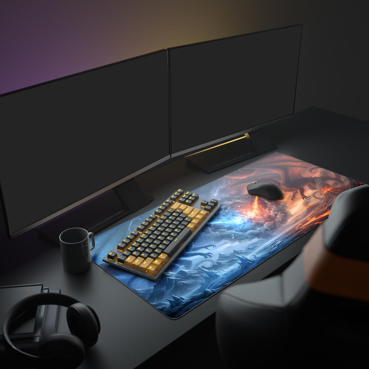 Fire & Ice Dragon Desk Pad in a dark gaming setup with a mechanical keyboard, a mouse and headphones