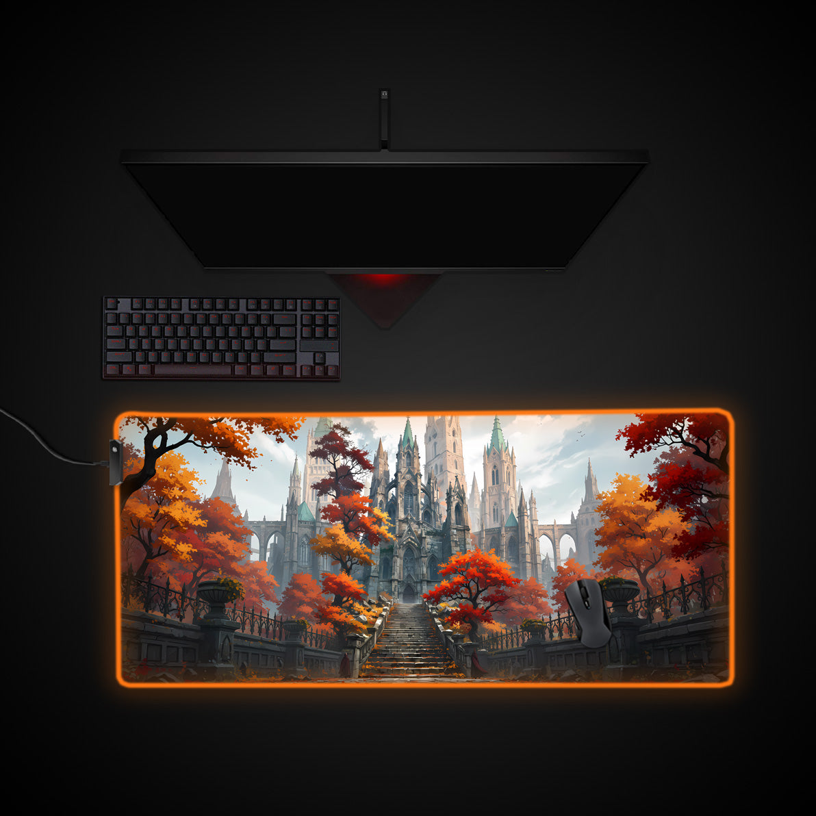 Autumn Cathedral desk mat with RGB edge lighting