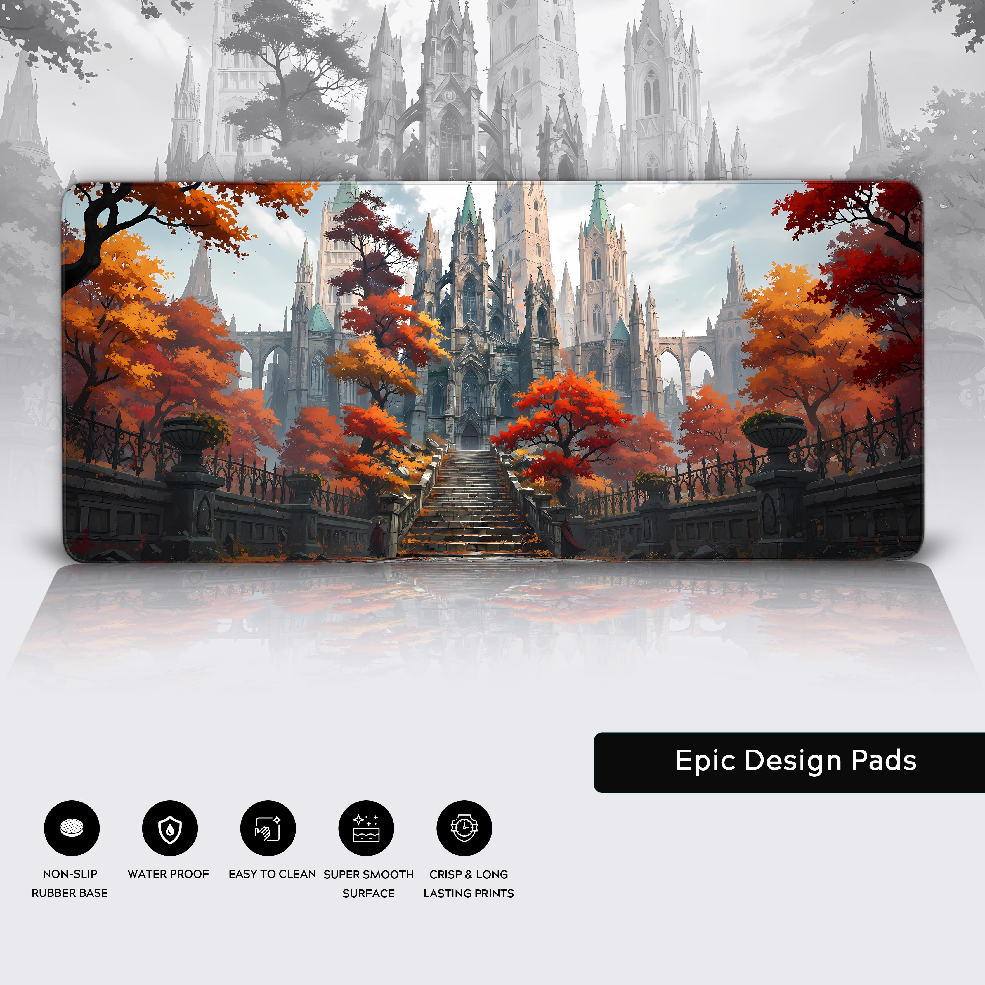 Close-up of the Molten Heart lava desk mat showing the detailed fiery art, durable stitched edges, and non-slip rubber base. - Epic Design Pads & Mousepads