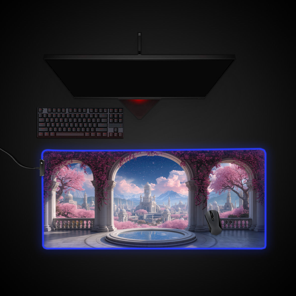 Pink Paradise desk mat with RGB edge lighting