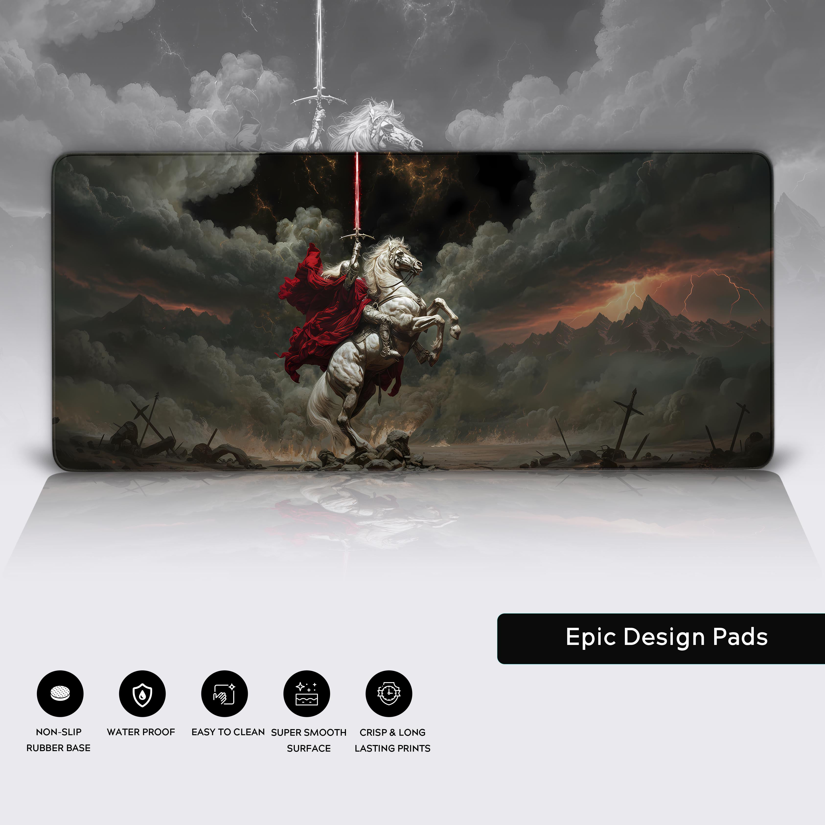 Close-up of the Molten Heart lava desk mat showing the detailed fiery art, durable stitched edges, and non-slip rubber base. - Epic Design Pads & Mousepads