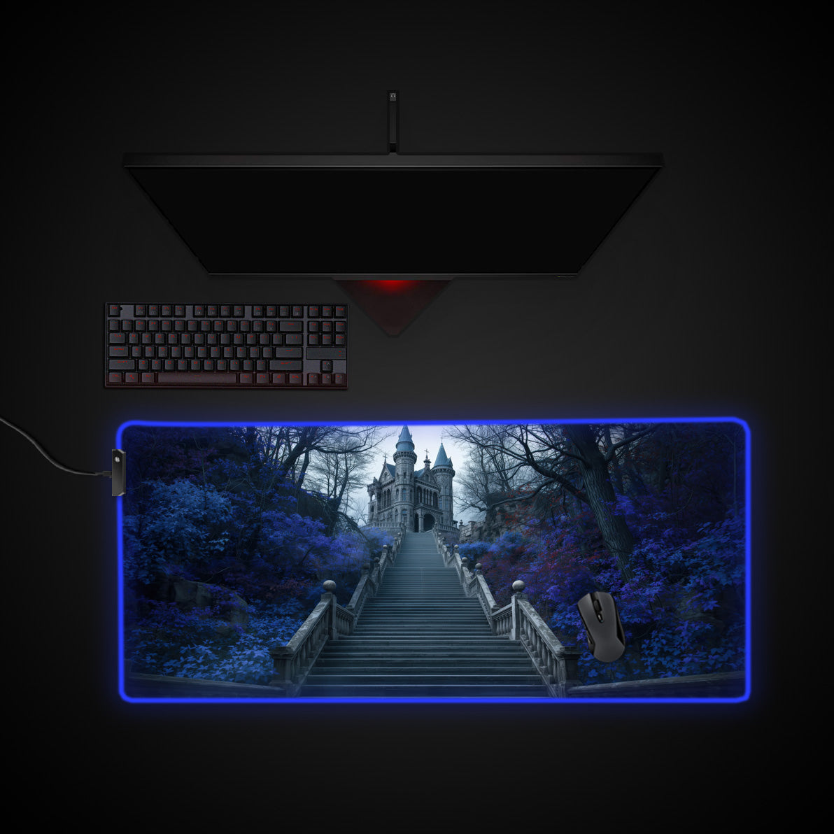 Gothic Steps desk mat with RGB edge lighting