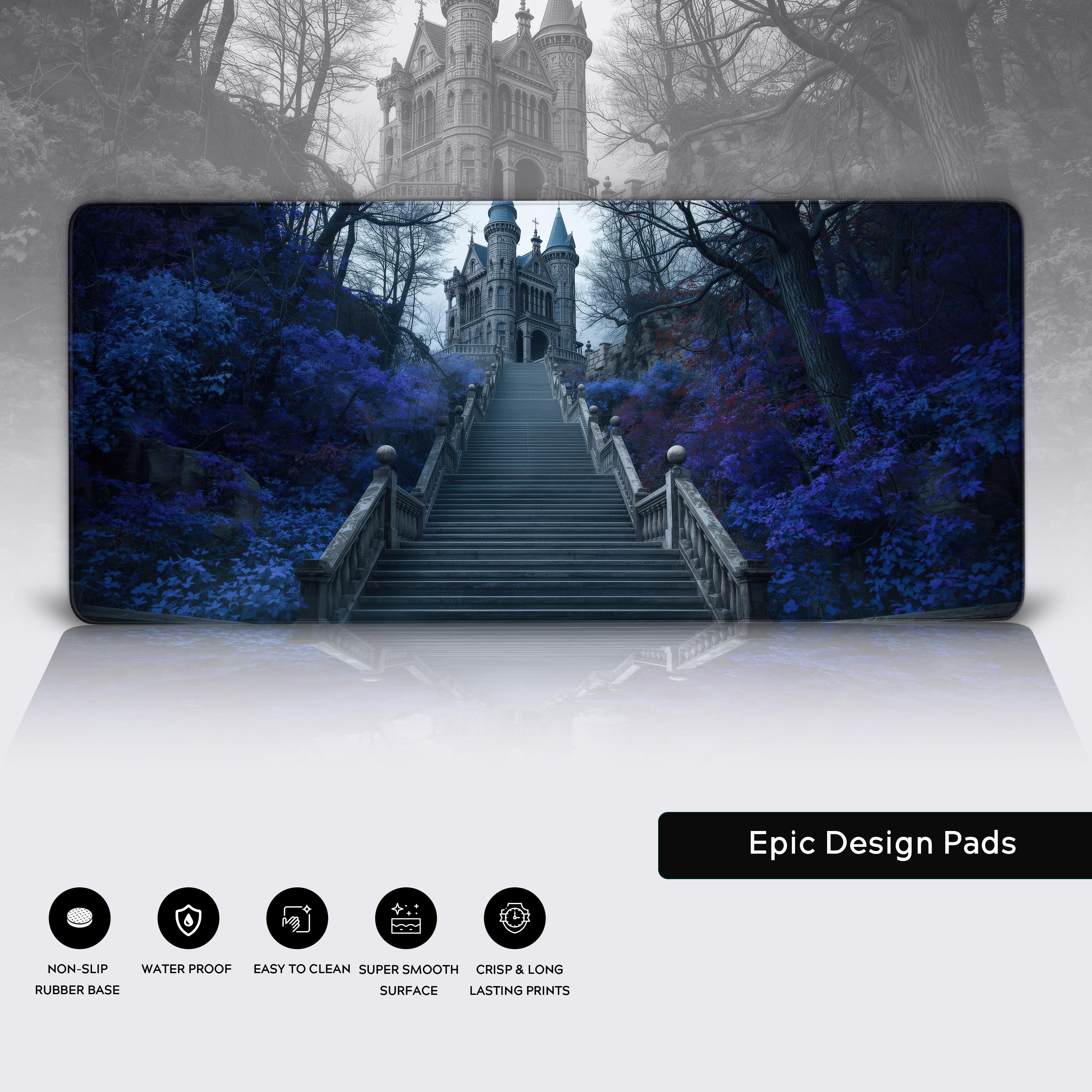 A close-up of the War's End gaming desk mat, displaying its high-quality stitched edges, water-resistant surface, and non-slip rubber base. - Epic Design Pads & Mousepads