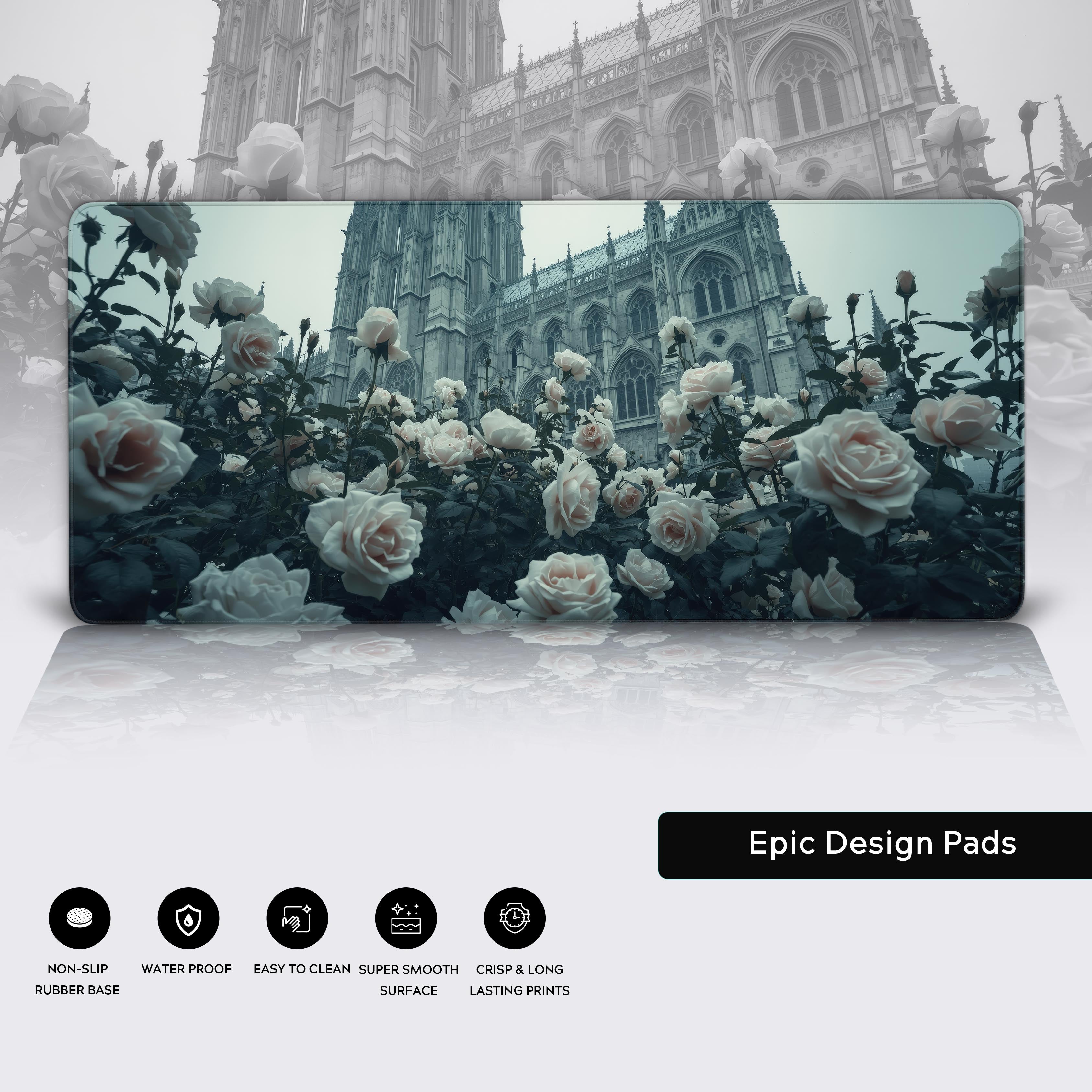 A close-up of the War's End gaming desk mat, displaying its high-quality stitched edges, water-resistant surface, and non-slip rubber base. - Epic Design Pads & Mousepads