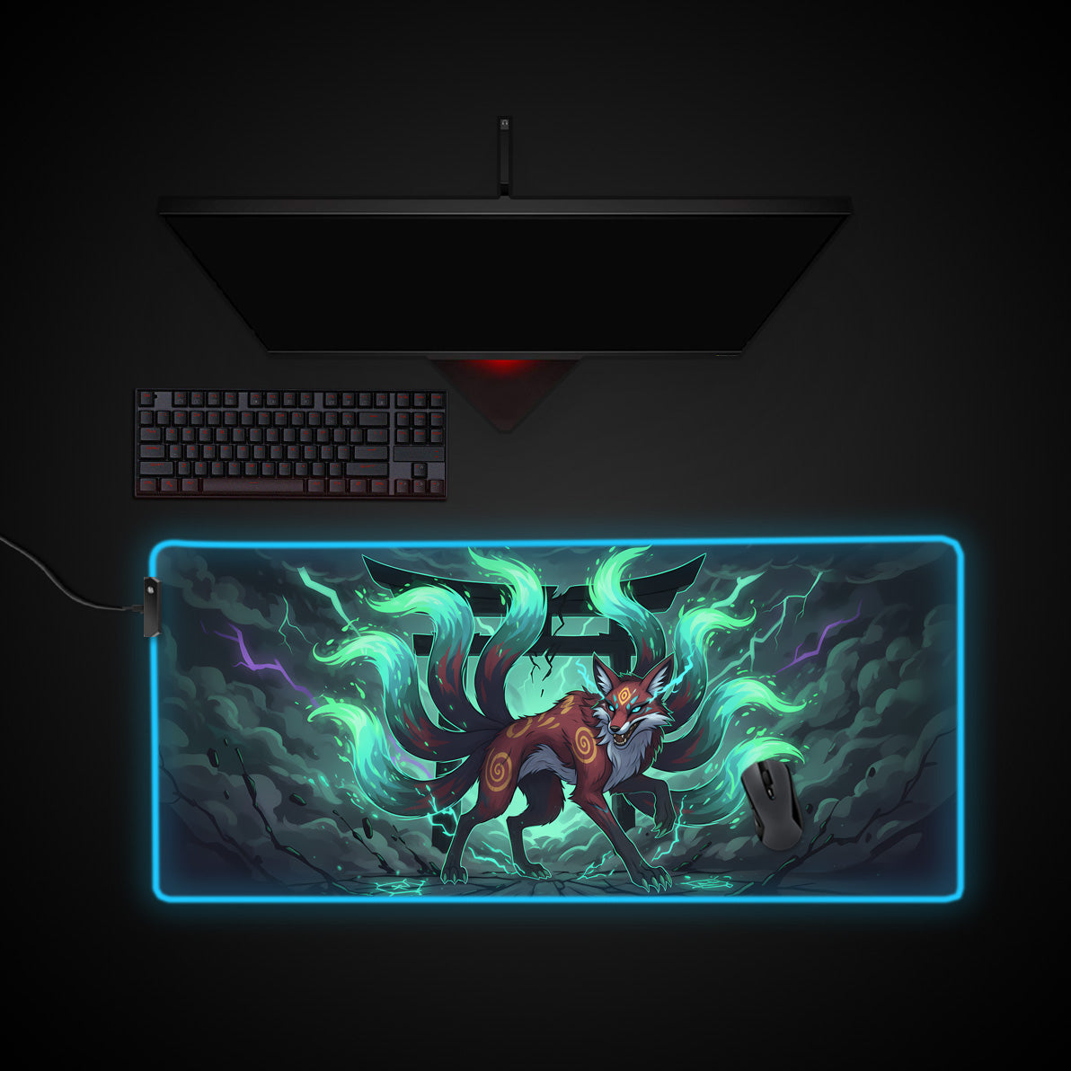 Kitsune's Fury desk mat with RGB edge lighting