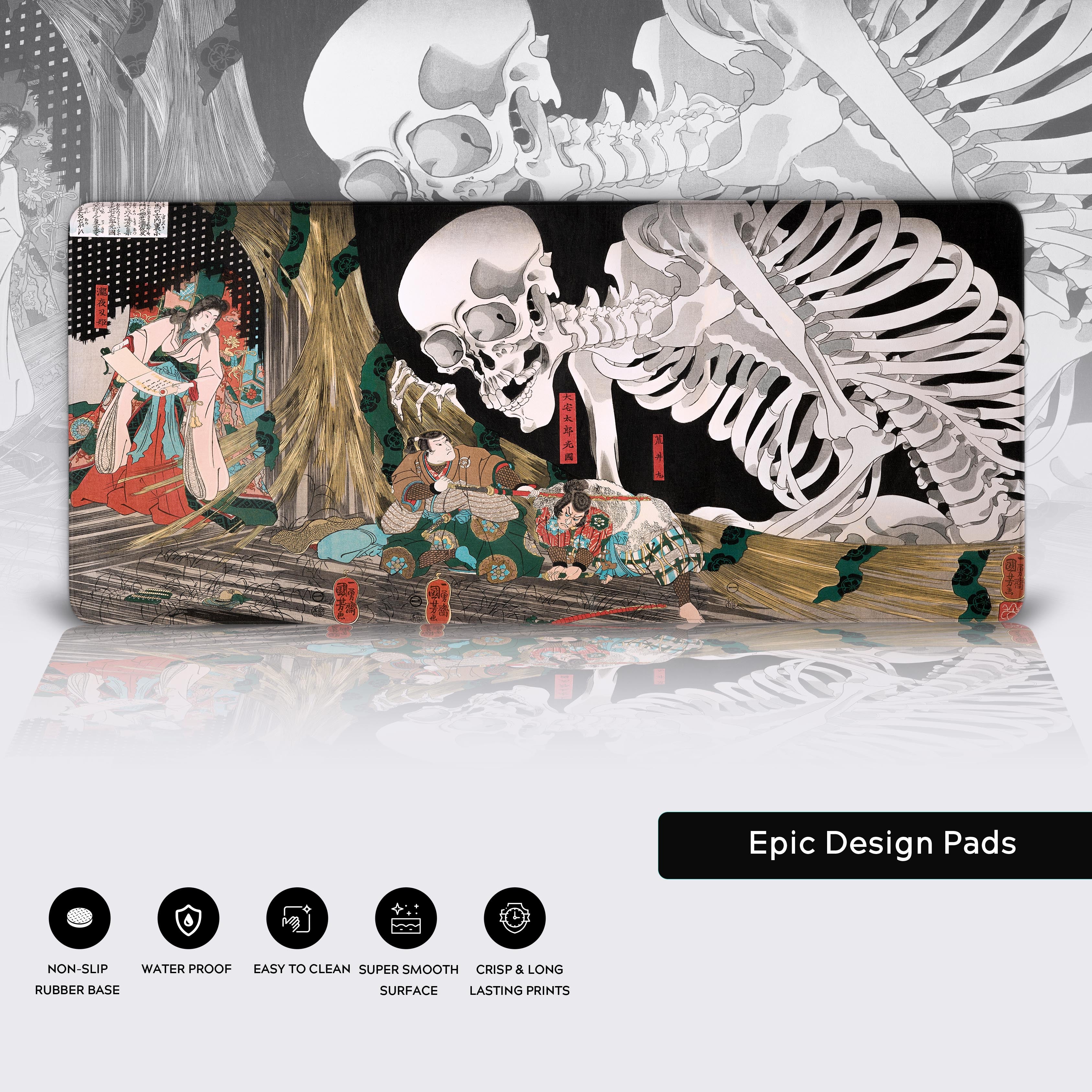 Close-up on the Skeleton Spectre Japanese art desk mat, showing the durable stitched edges, smooth water-resistant surface, and non-slip rubber base. - Epic Design Pads & Mousepads