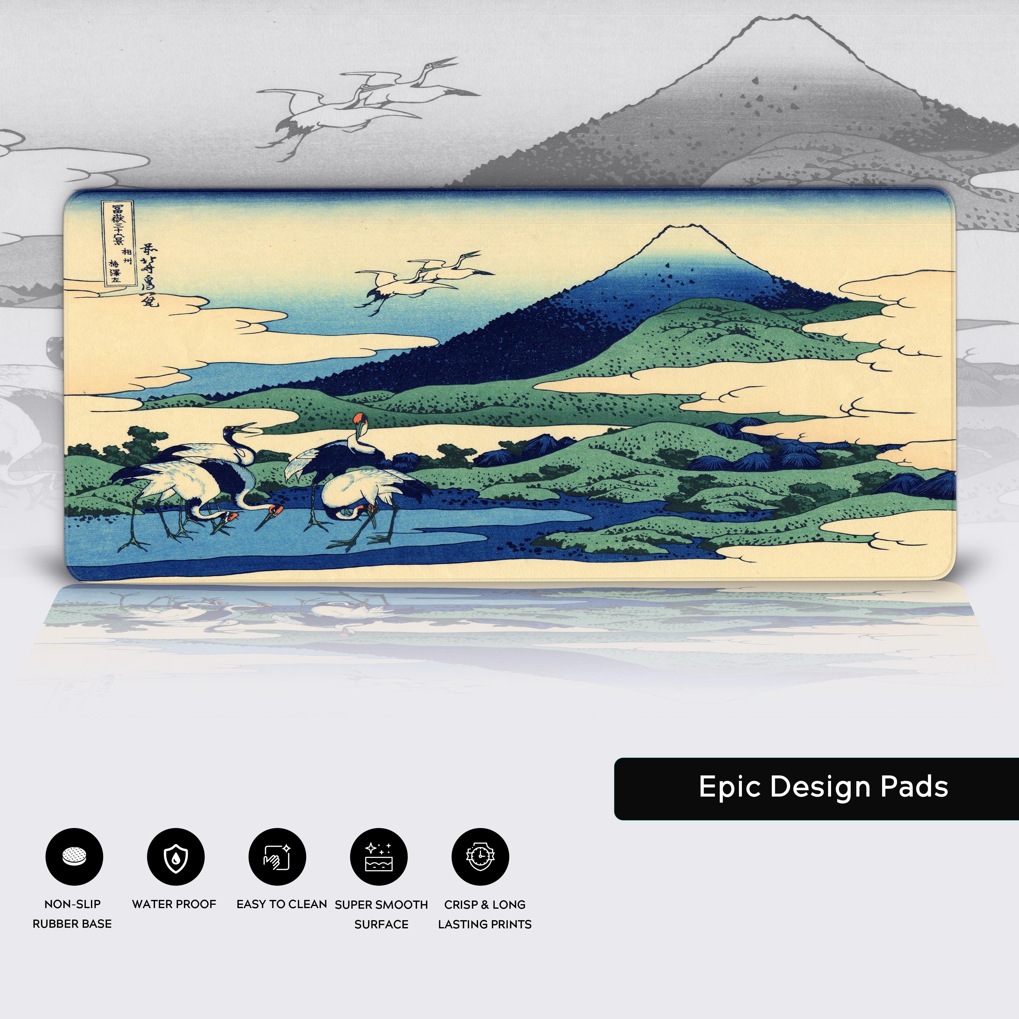 Close-up of the Hokusai 'Sagami Province' desk mat, showcasing the high-quality stitched edges, water-resistant surface, and non-slip rubber base. - Epic Design Pads & Mousepads