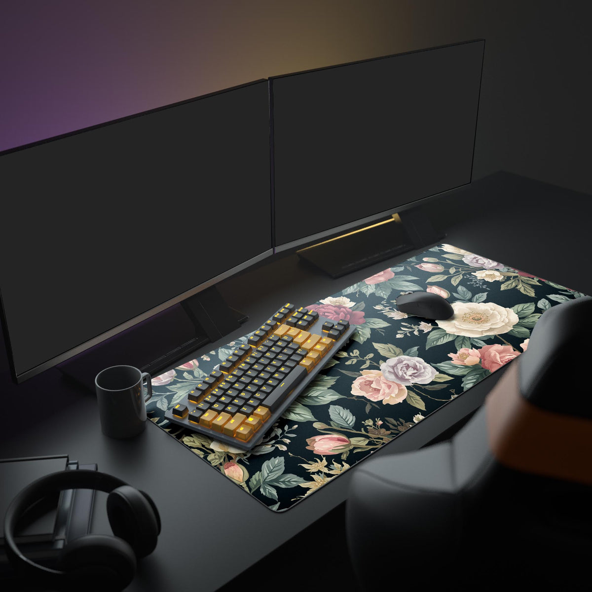 Midnight Bloom desk mat in a dark gaming setup with a mechanical keyboard, a mouse and headphones