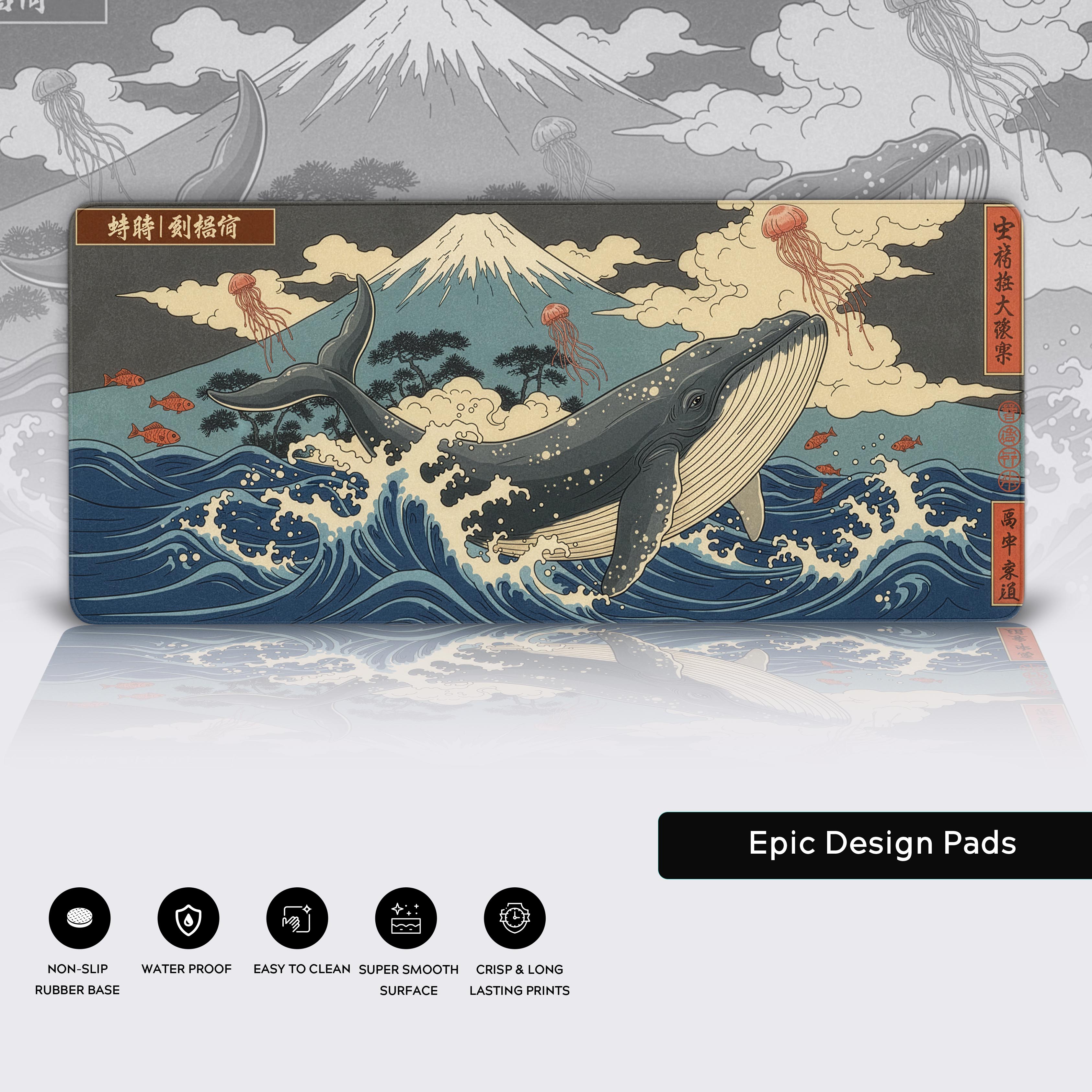 Japanese Ukiyo-e desk mat with Great Whale artwork. Close-up view highlighting the high-quality stitched edges, non-slip rubber base, and smooth surface. - Epic Design Pads & Mousepads