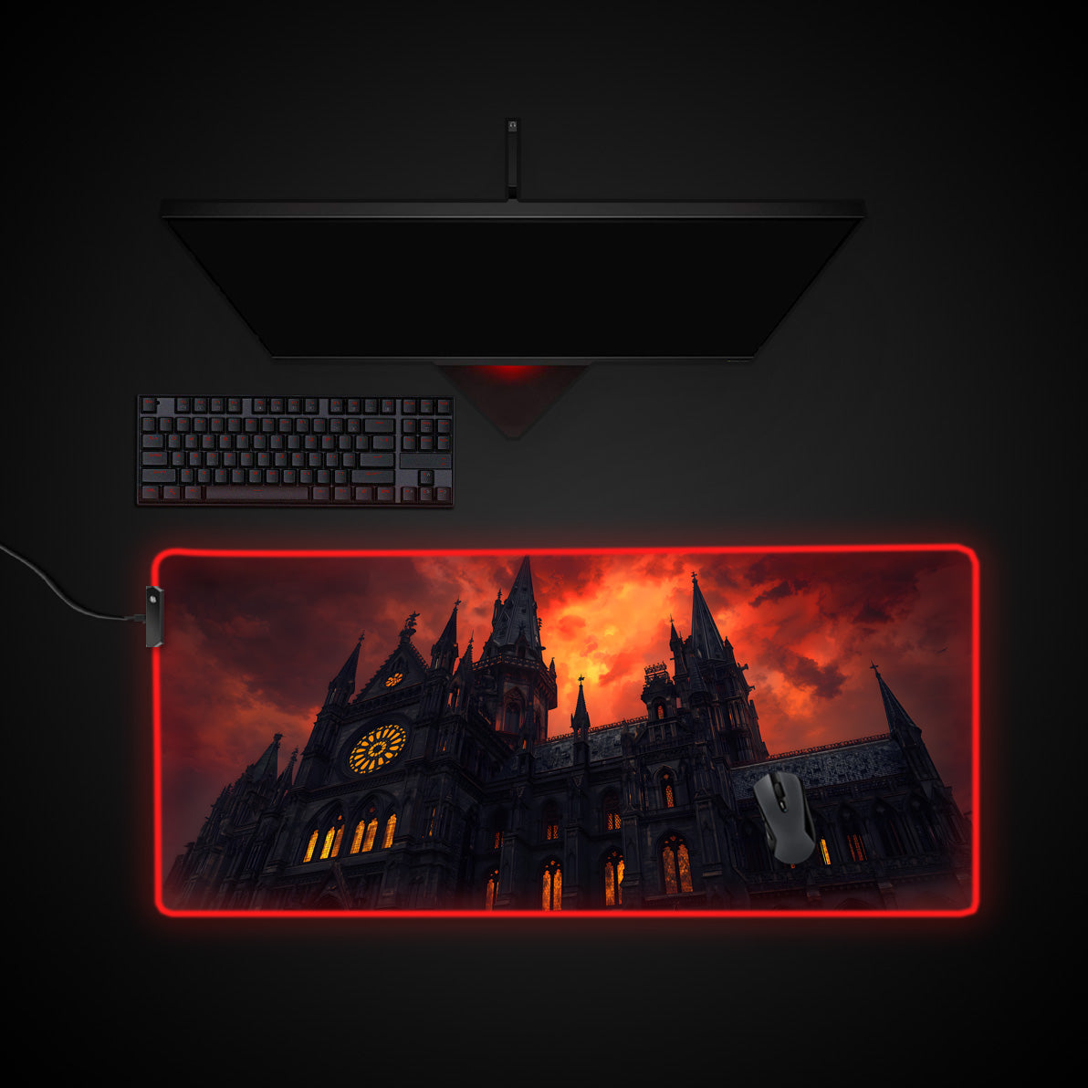 Dark Cathedral desk mat with RGB edge lighting
