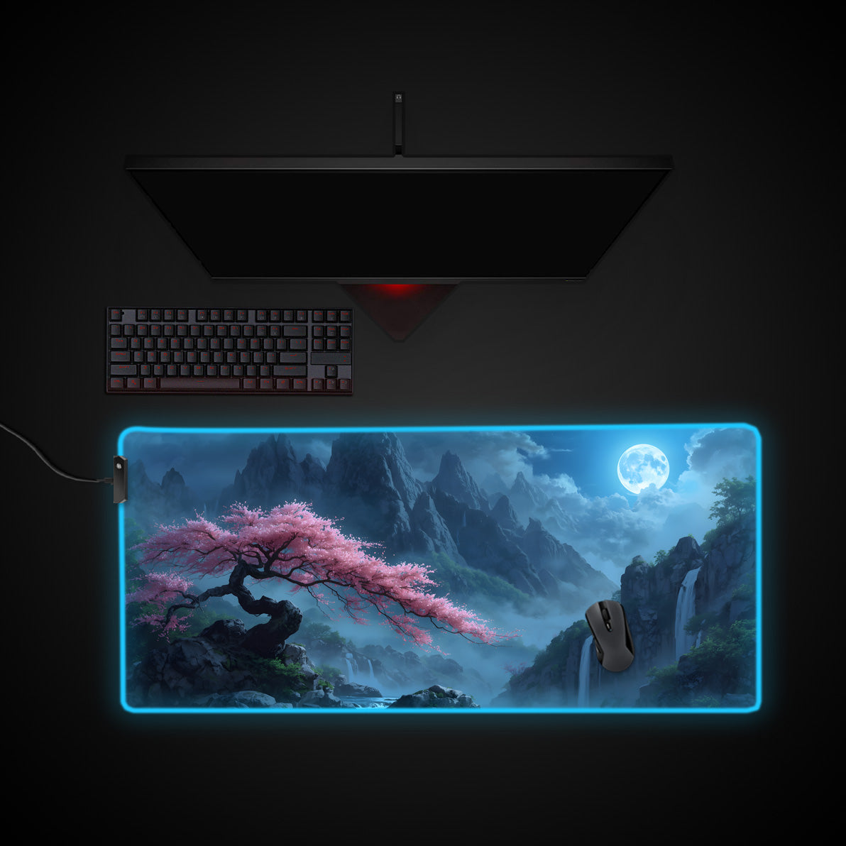 Sakura Falls desk mat with RGB edge lighting