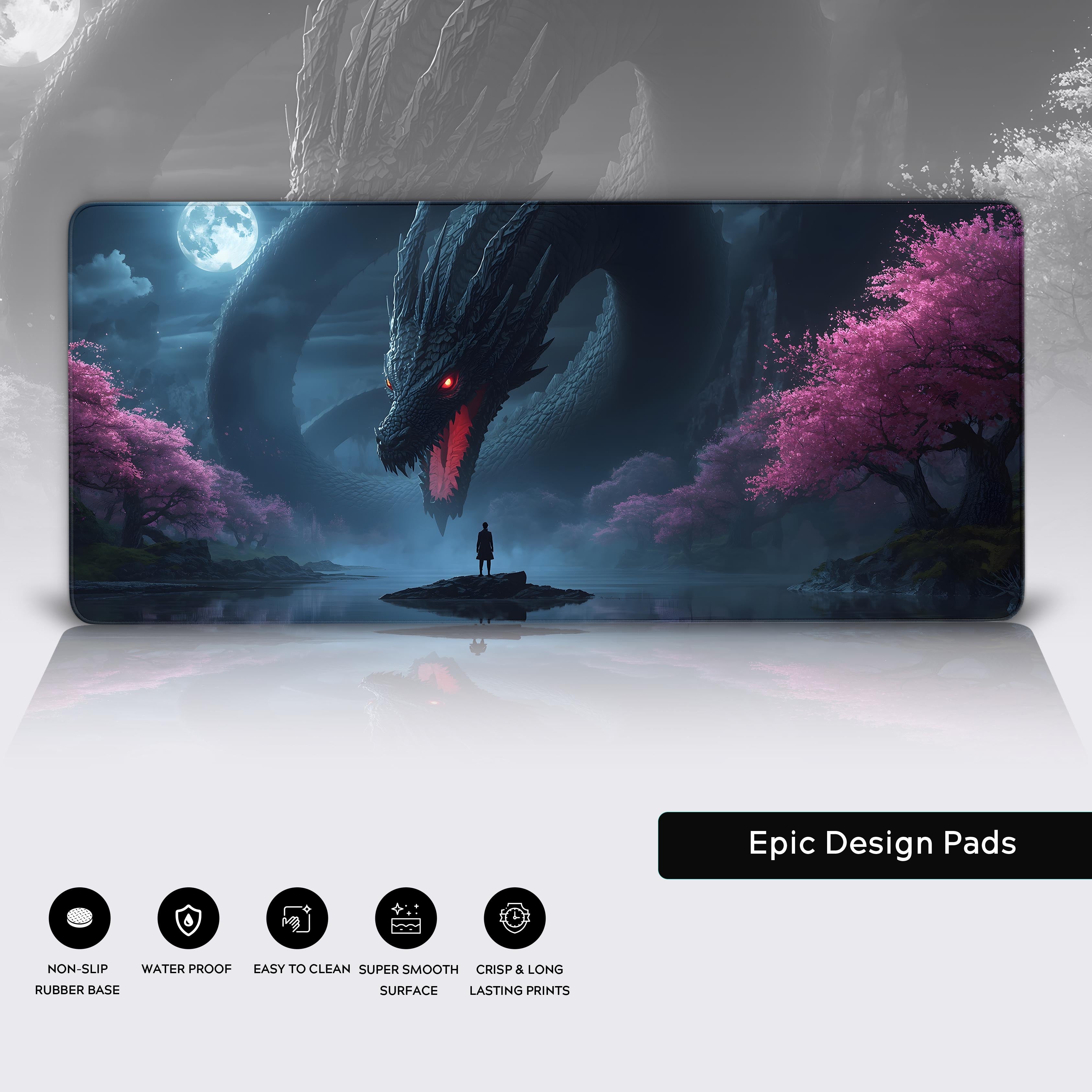 Close-up of the Leviathan's Gaze dragon desk mat, showcasing its premium features like the high-quality stitched edges and non-slip rubber base. - Epic Design Pads & Mousepads