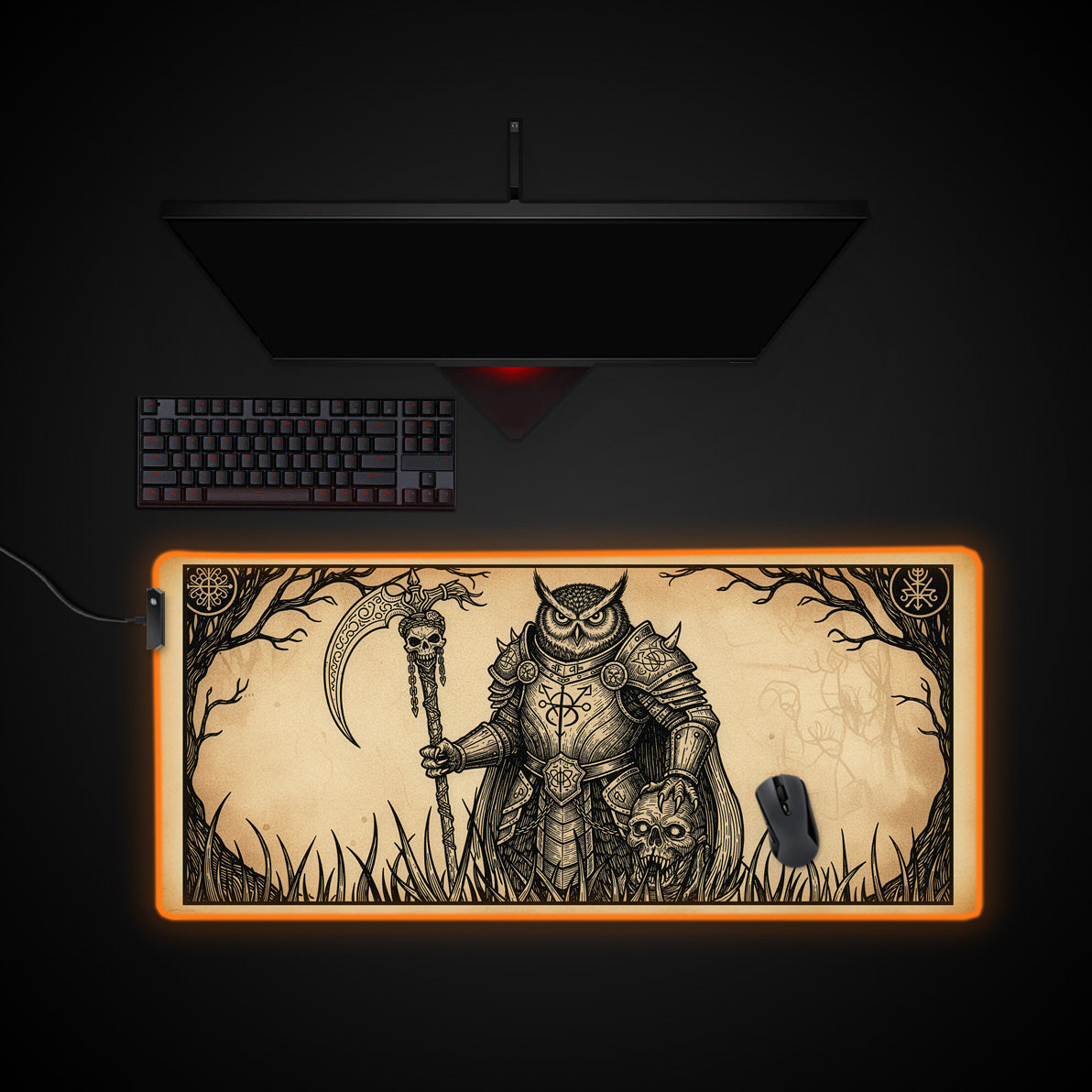 Sepia Reaper desk mat with RGB edge lighting