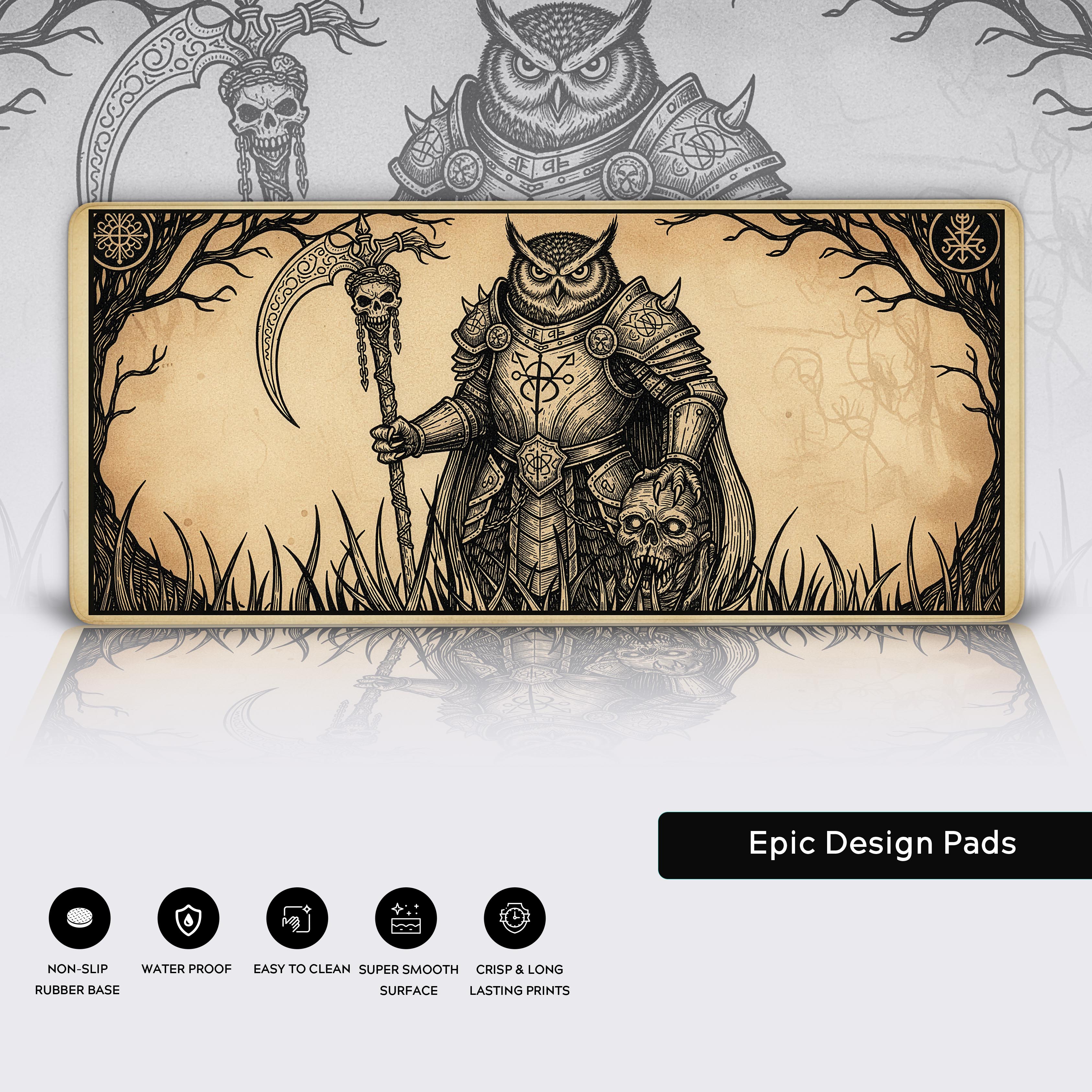 Dark Fantasy Desk Mat – Sepia Reaper Knight Owl Art, Large