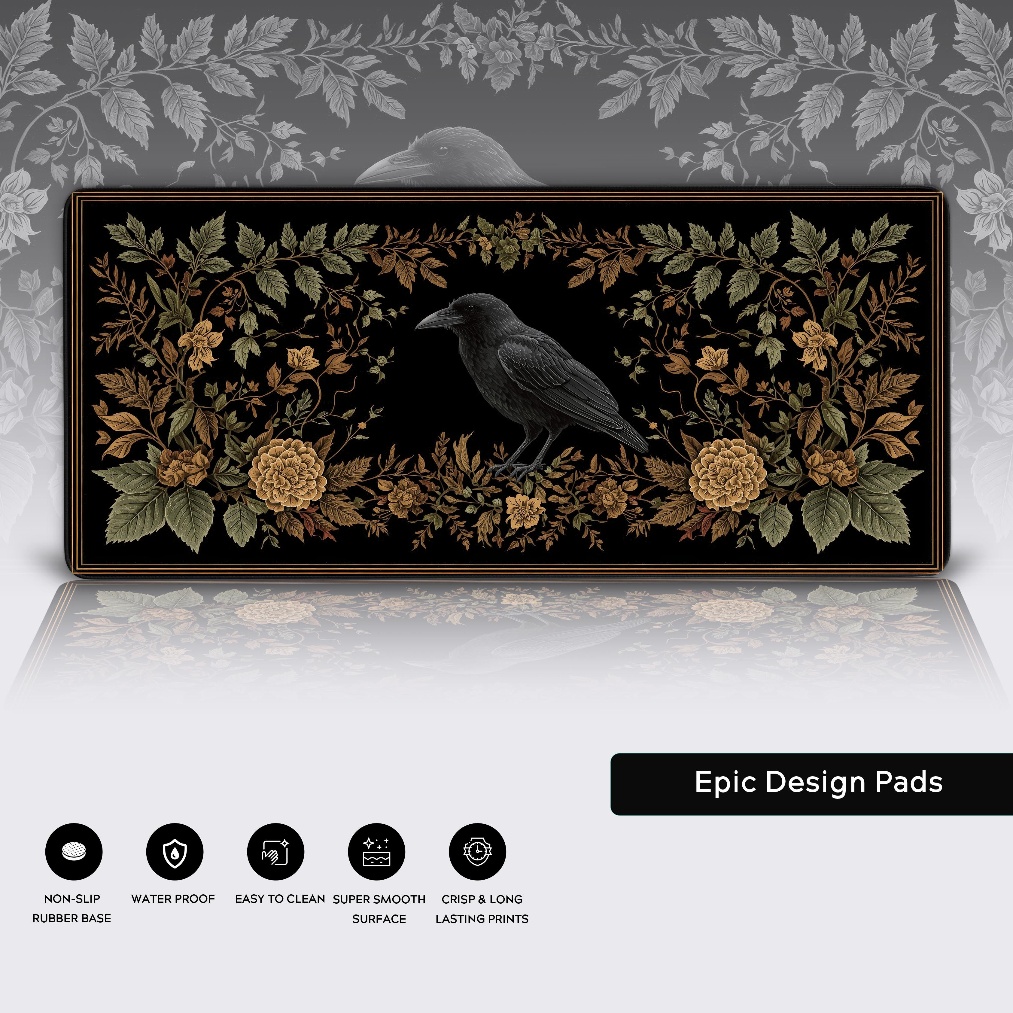 Close-up of the Ornate Raven desk mat highlighting the detailed raven print, stitched edges, and non-slip rubber base. - Epic Design Pads & Mousepads