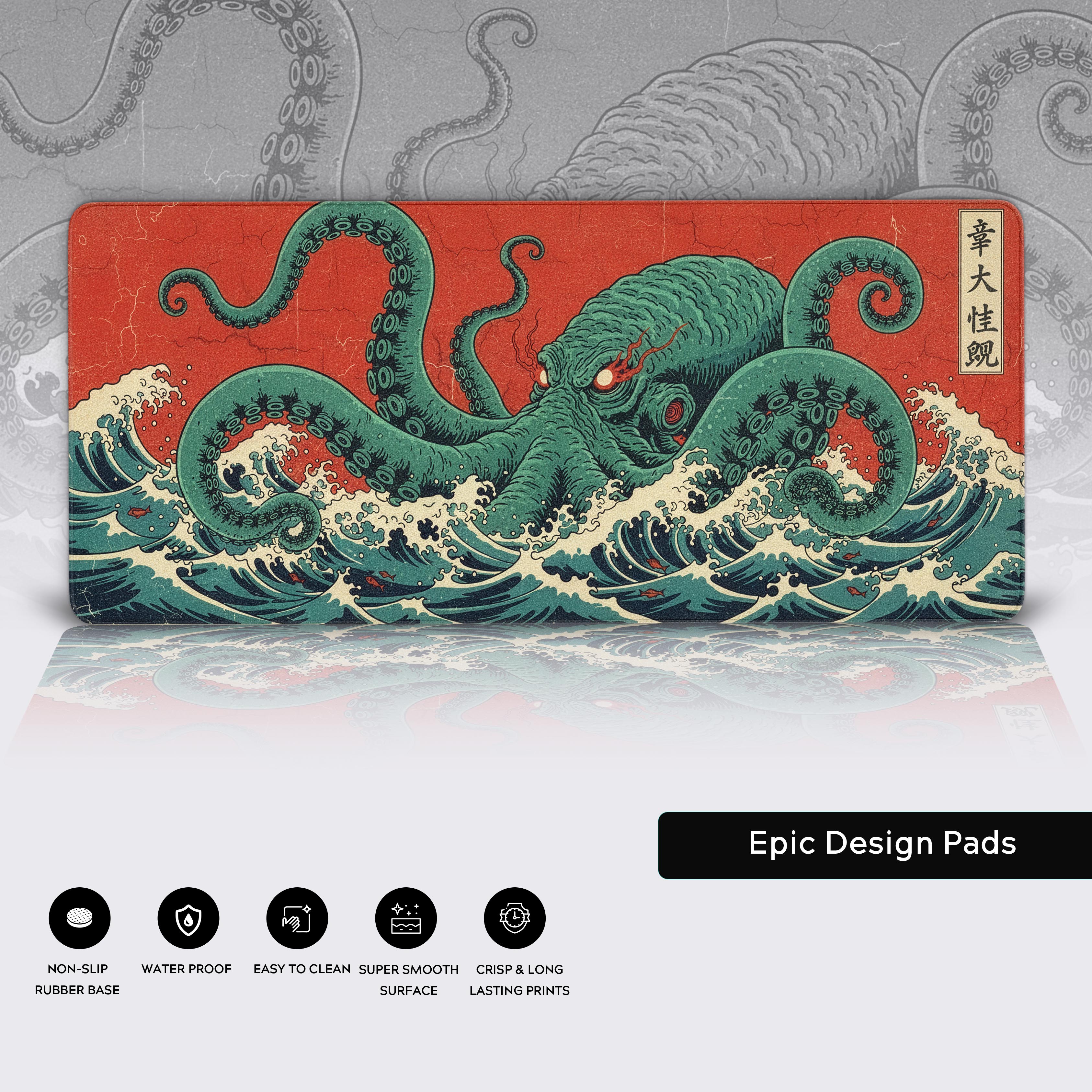 Ukiyo-e style desk mat with The Great Kraken design. Close-up view highlighting the durable stitched edges and smooth non-slip base. - Epic Design Pads & Mousepads