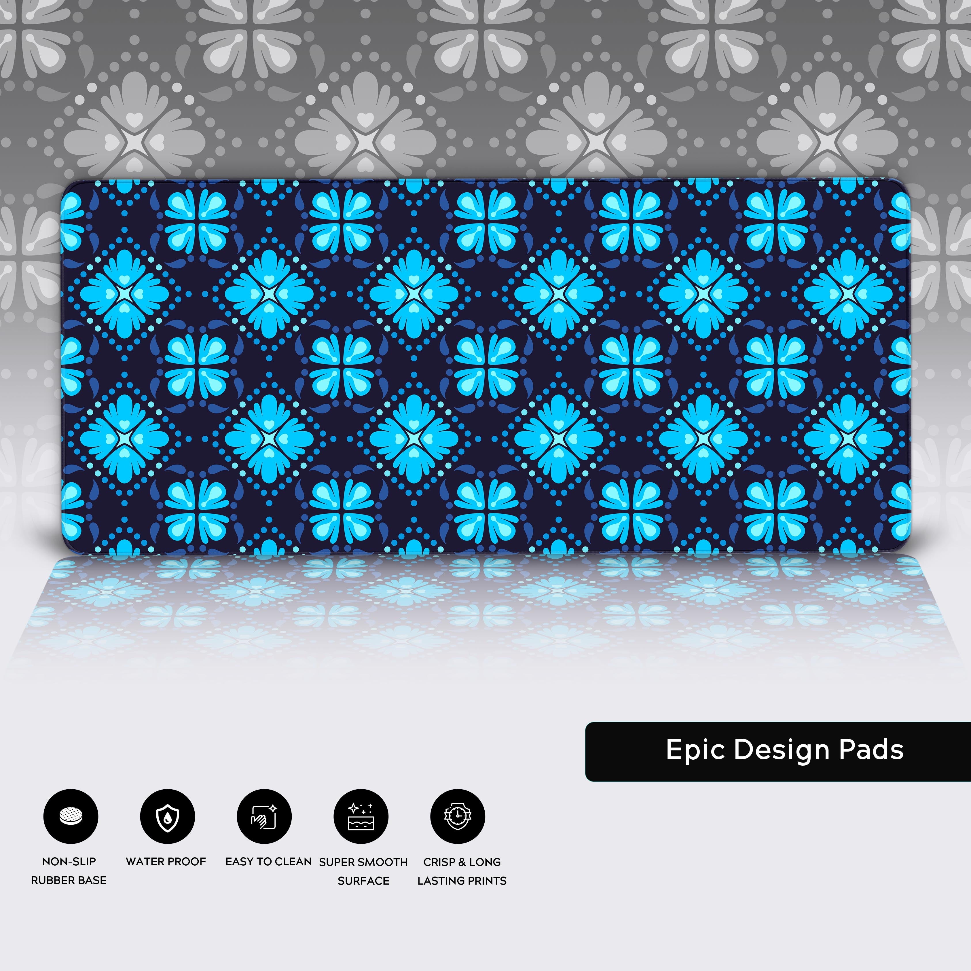 Blue and navy geometric floral desk mat – large mouse pad showcasing stitched edges and a non-slip rubber base. - Epic Design Pads & Mousepads