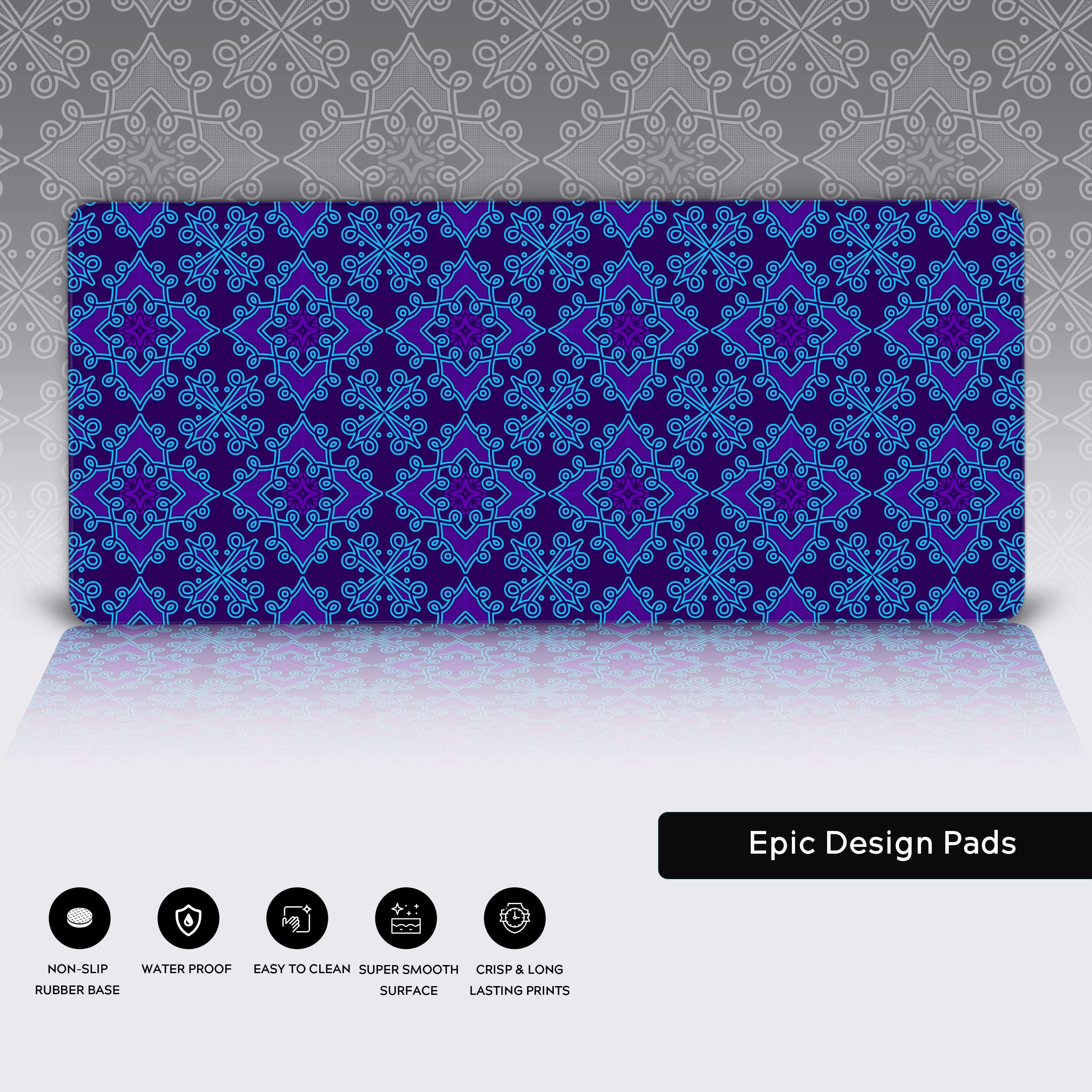 Close-up of the Batik pattern desk mat highlighting the premium stitched edges and smooth, water-resistant surface. The non-slip rubber base is also visible. - Epic Design Pads & Mousepads