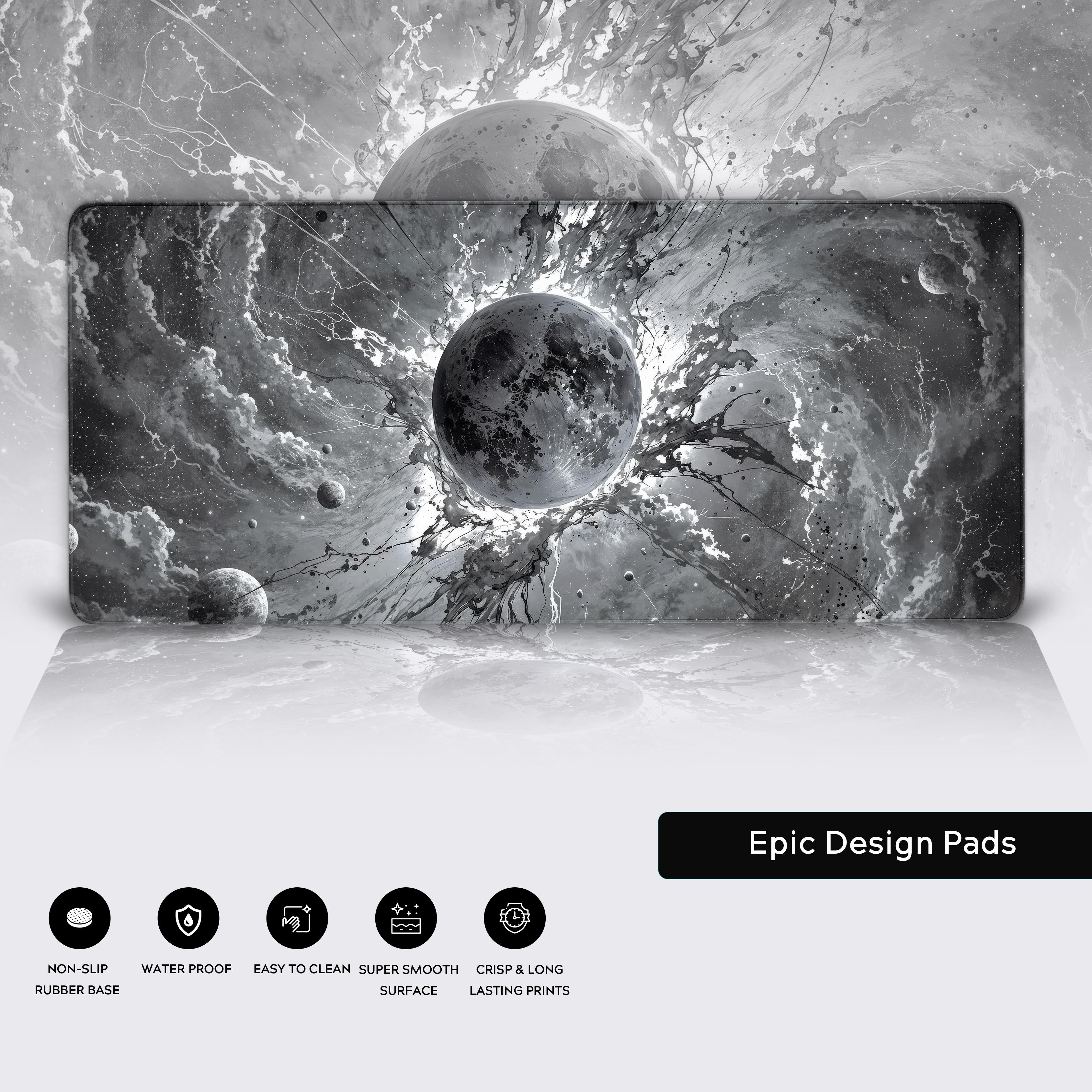 Close-up of the Void Burst XXL desk pad, highlighting the durable stitched edges, smooth fabric surface, and non-slip rubber base for stability. - Epic Design Pads & Mousepads