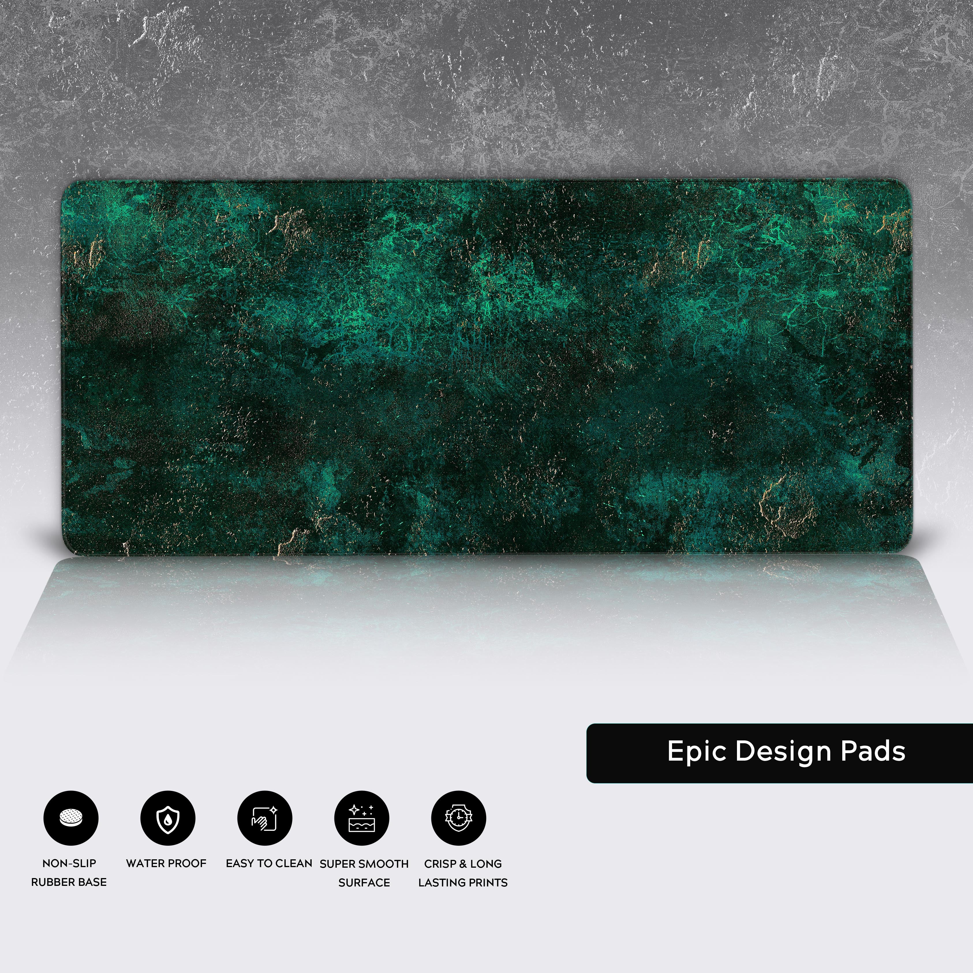 Close-up of the Emerald Stone desk mat highlighting the durable stitched edges, smooth water-resistant surface, and non-slip base. - Epic Design Pads & Mousepads
