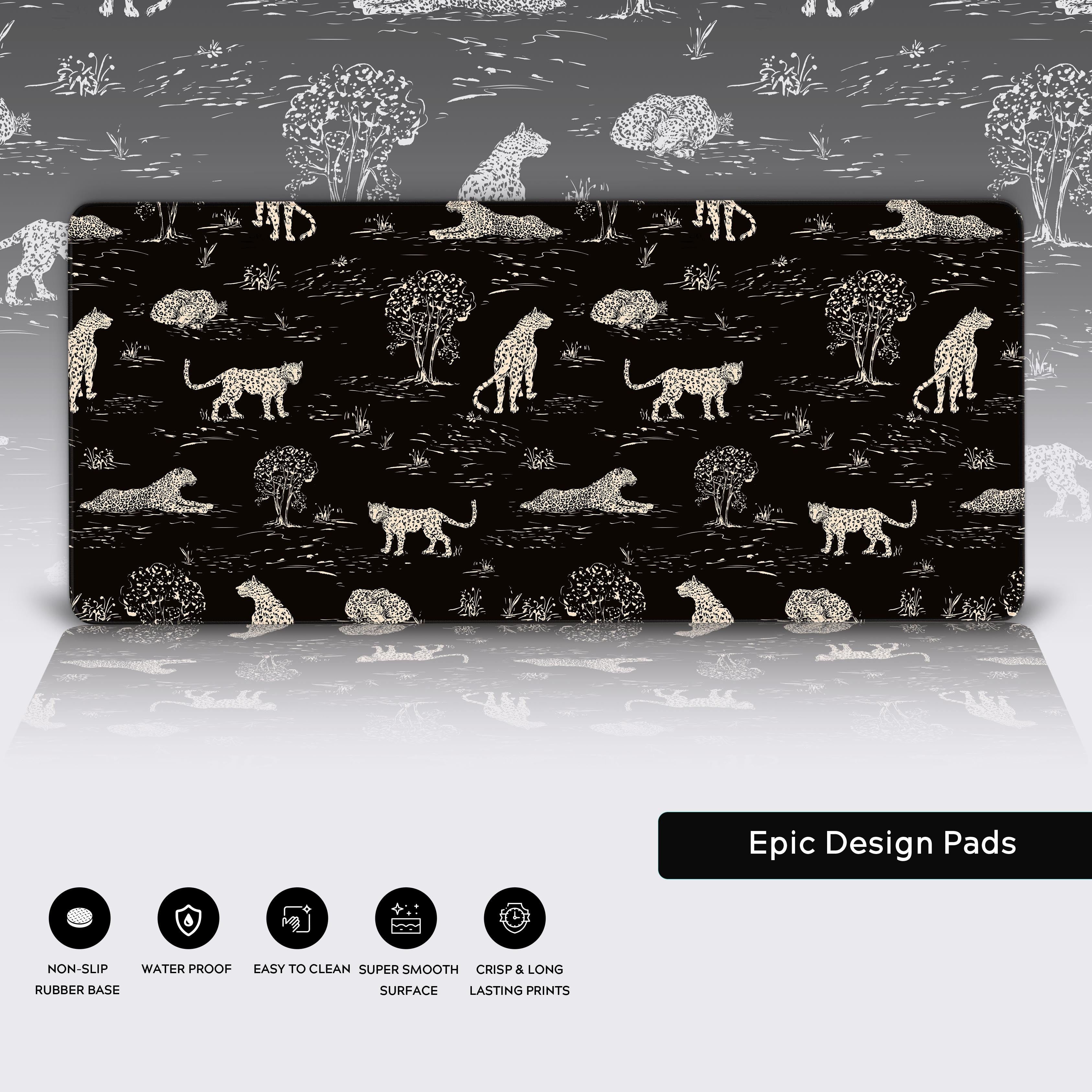 Close-up of the Night Safari leopard desk mat highlighting its premium stitched edges, smooth fabric surface, and non-slip rubber base. - Epic Design Pads & Mousepads