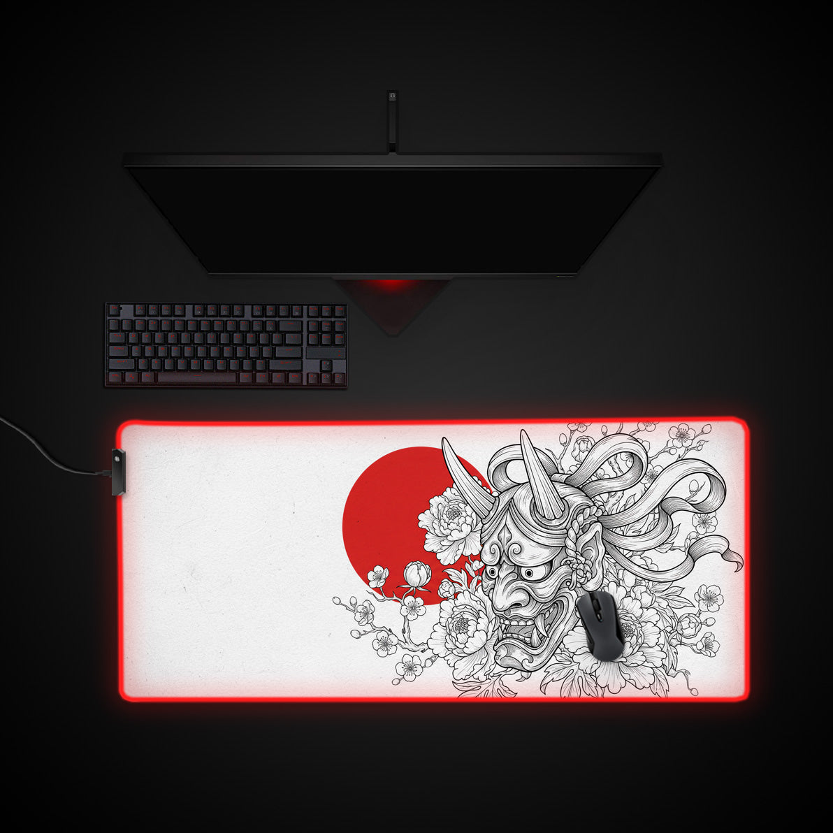 Red Sun Oni desk mat with RGB edge lighting