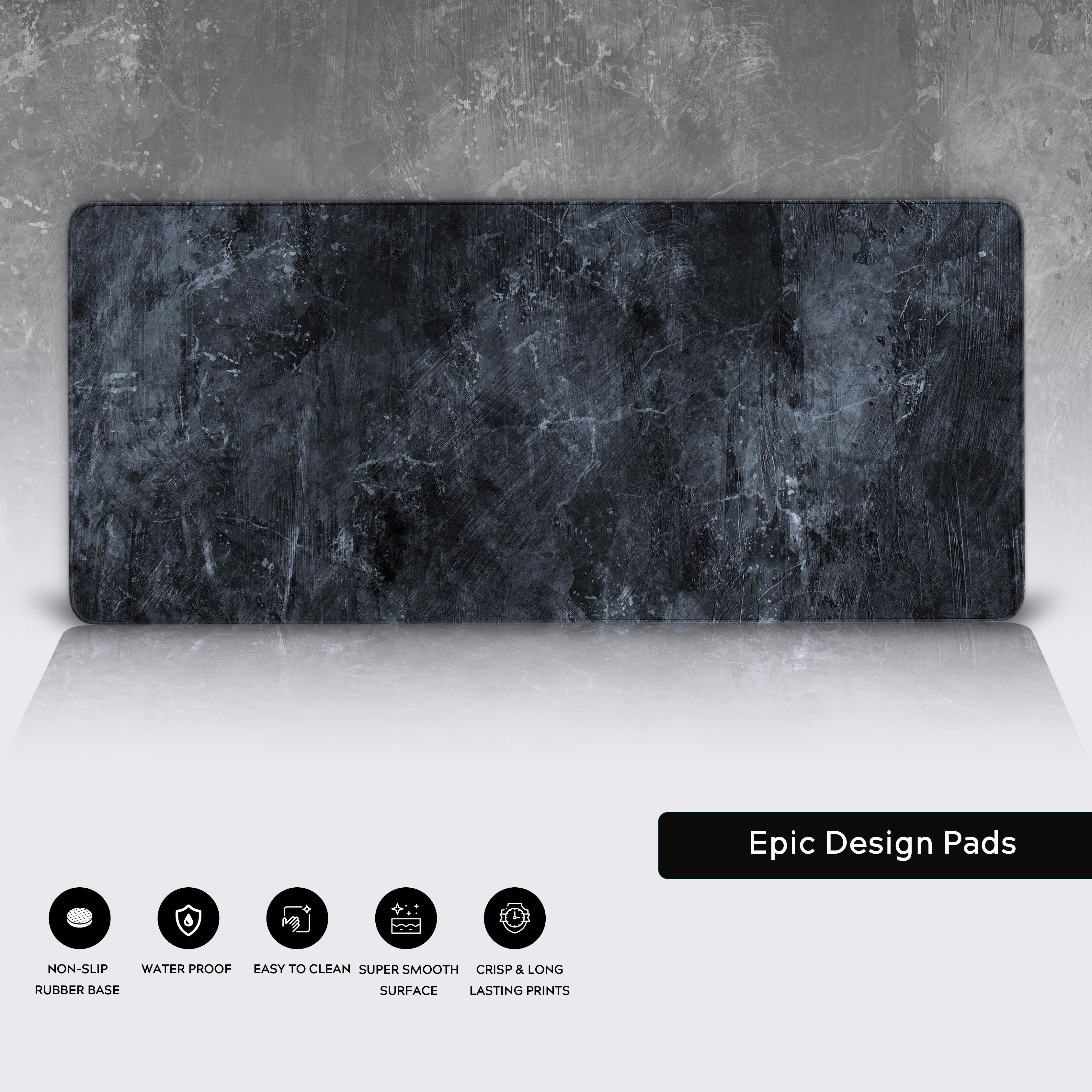 Close-up of the Shadow Slate desk mat highlighting the detailed concrete texture, durable stitched edges, and non-slip rubber base. - Epic Design Pads & Mousepads
